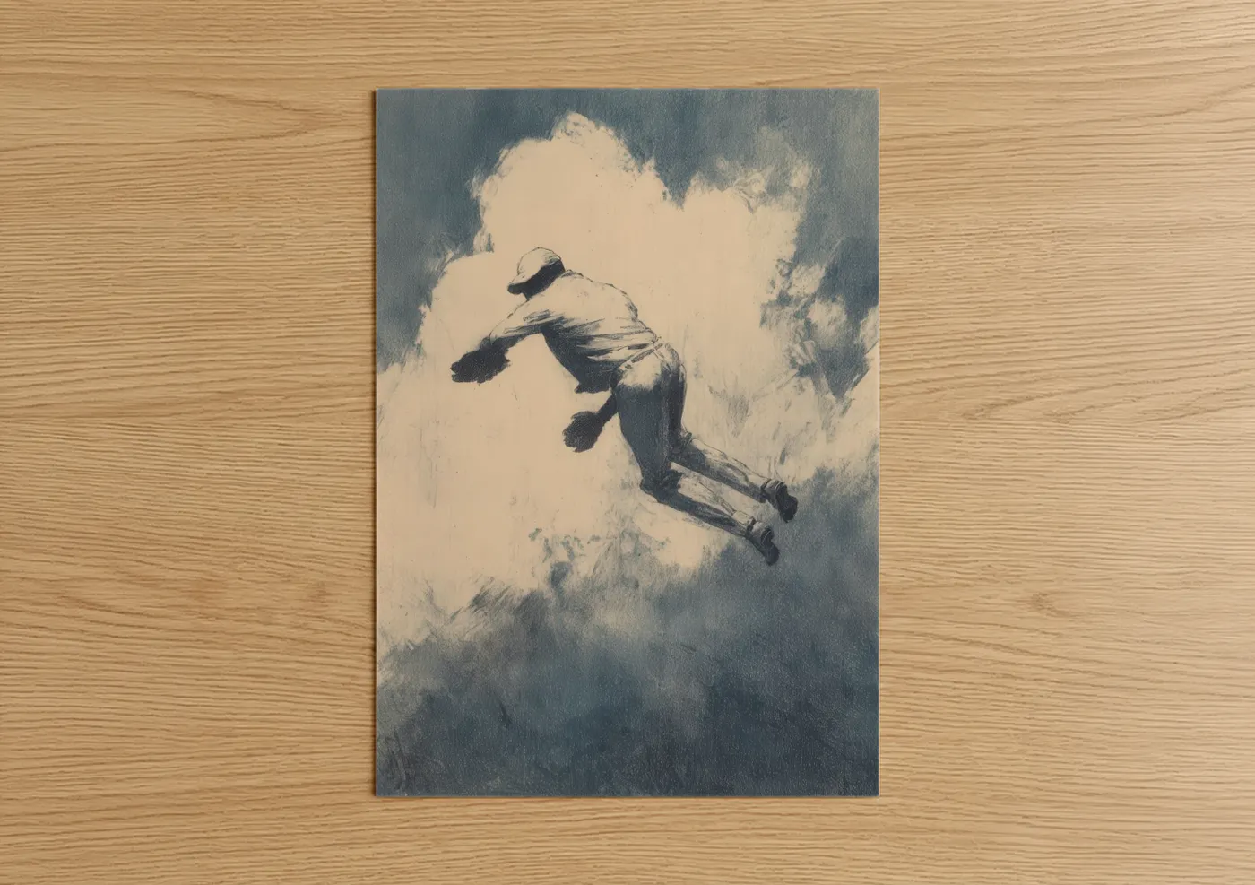 Art print on warm oak wood — gray and cream palette — Diving Cricketer poster