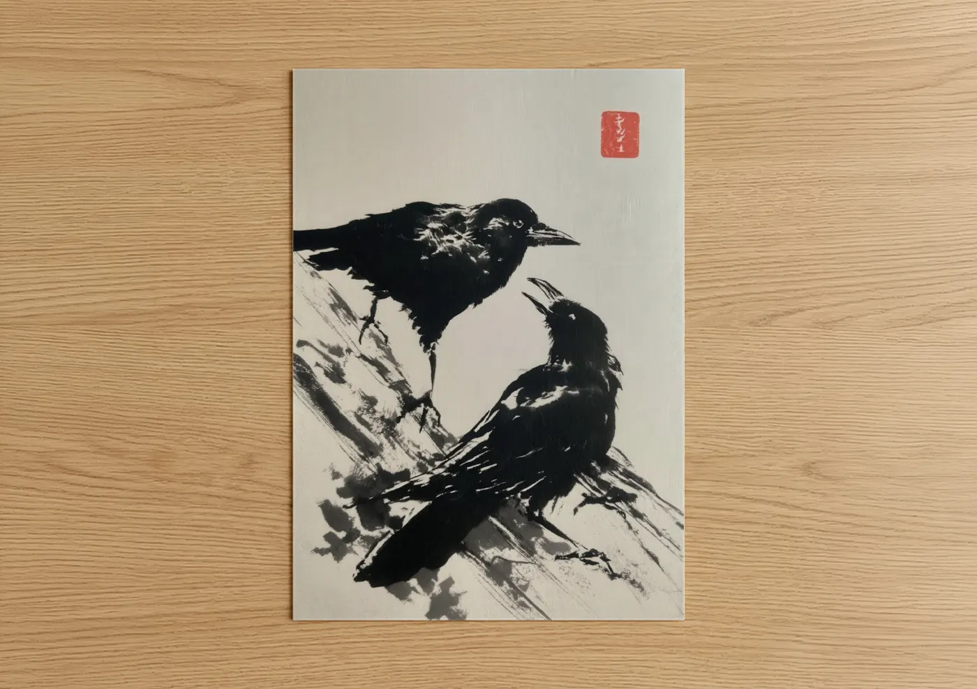 Perched Ravens Pair Japanese Woodblock Wall Art