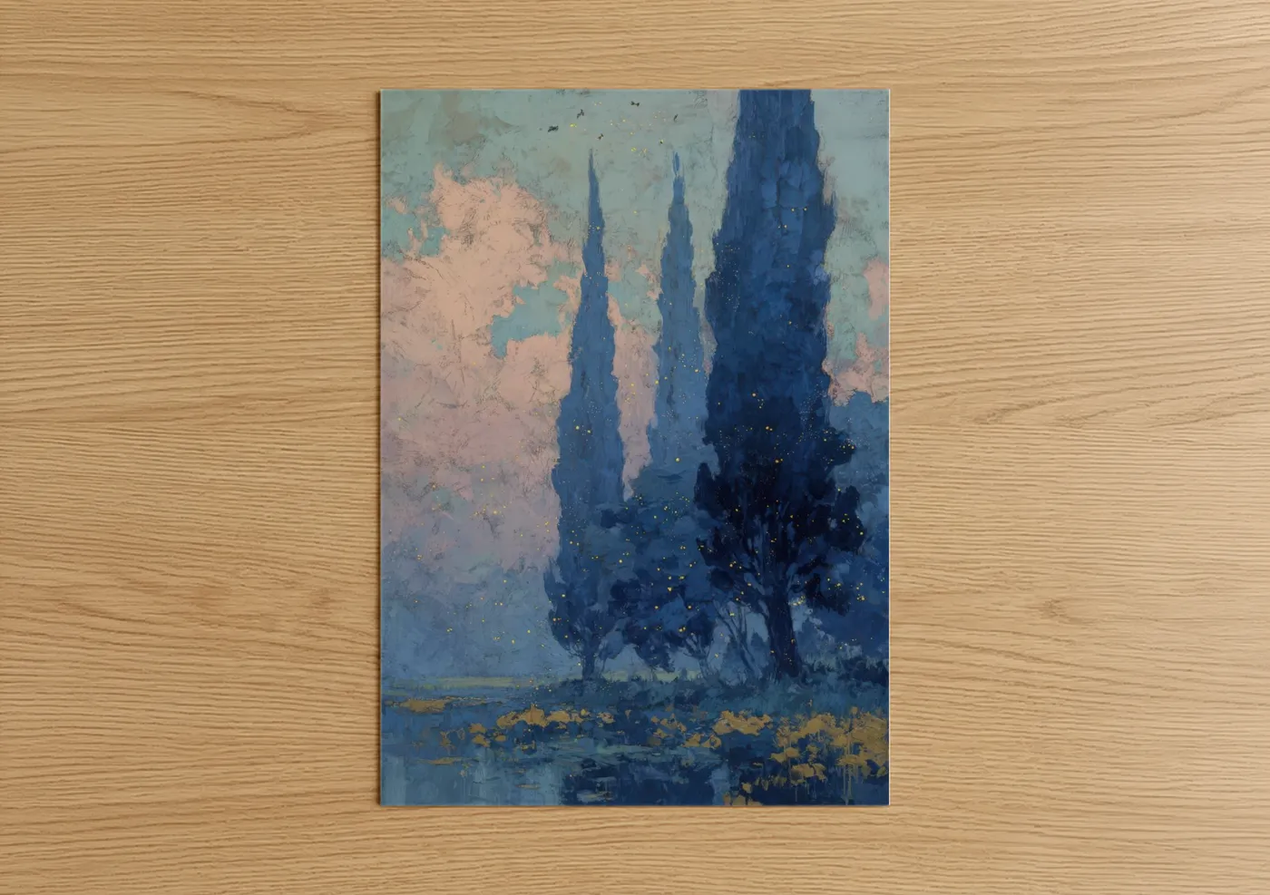 Cypress tree art print on warm oak wood — dark blue and peach palette — Moonlit Cypress poster
