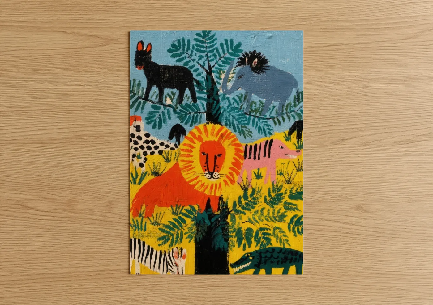 Art print on warm oak wood — gold and dark green palette — Savanna Lion Pride poster