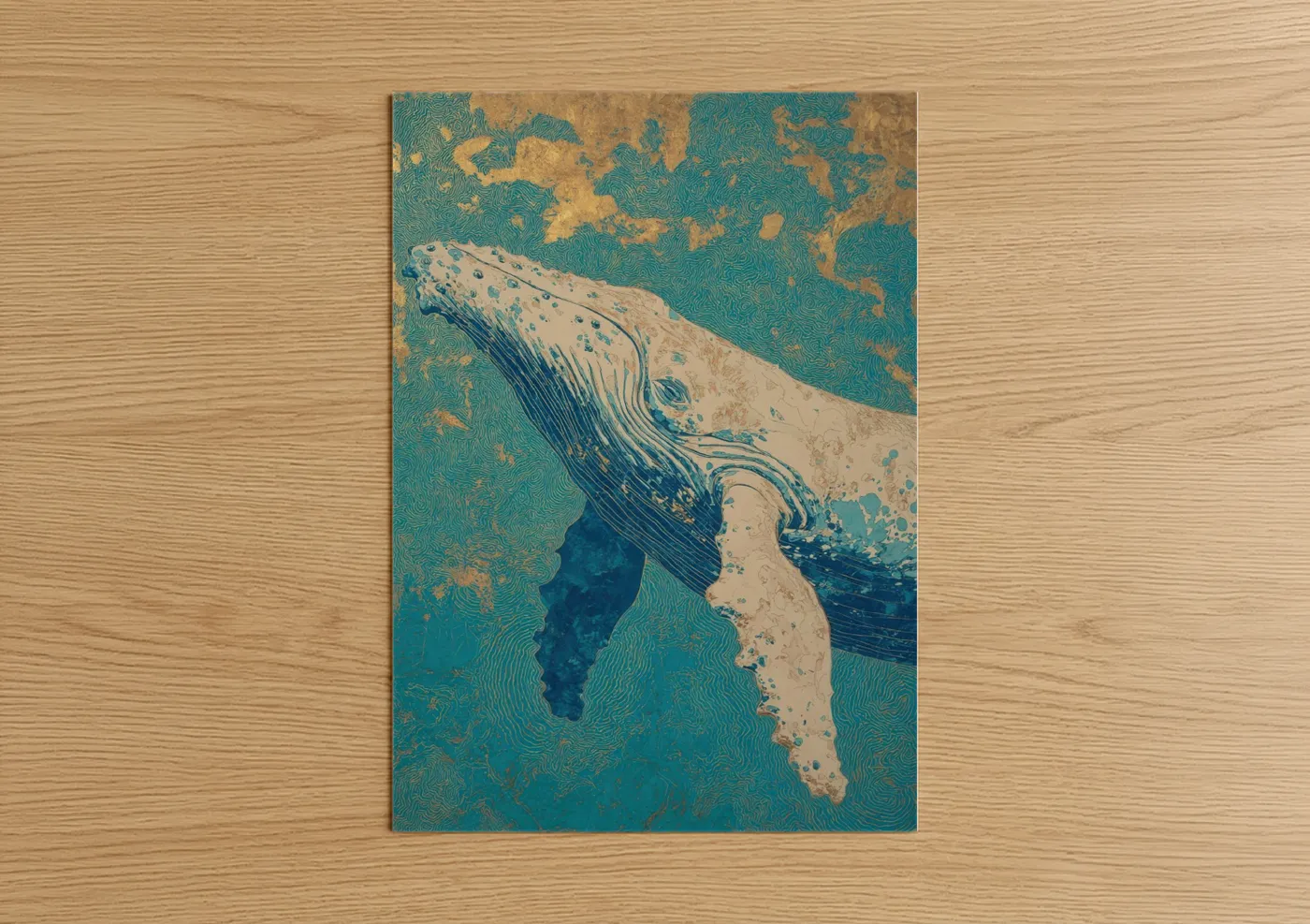 Sperm whale art print on warm oak wood — teal and cream palette — Deep Ocean Whale poster