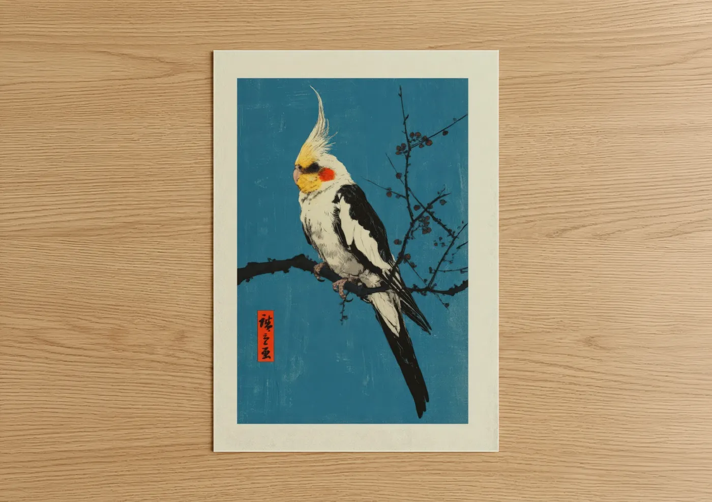 White Cockatiel on Branch Japanese Art Wall Art