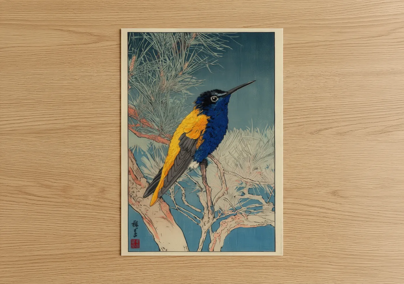 Blue Hummingbird Yellow Wings Botanical Wall Art