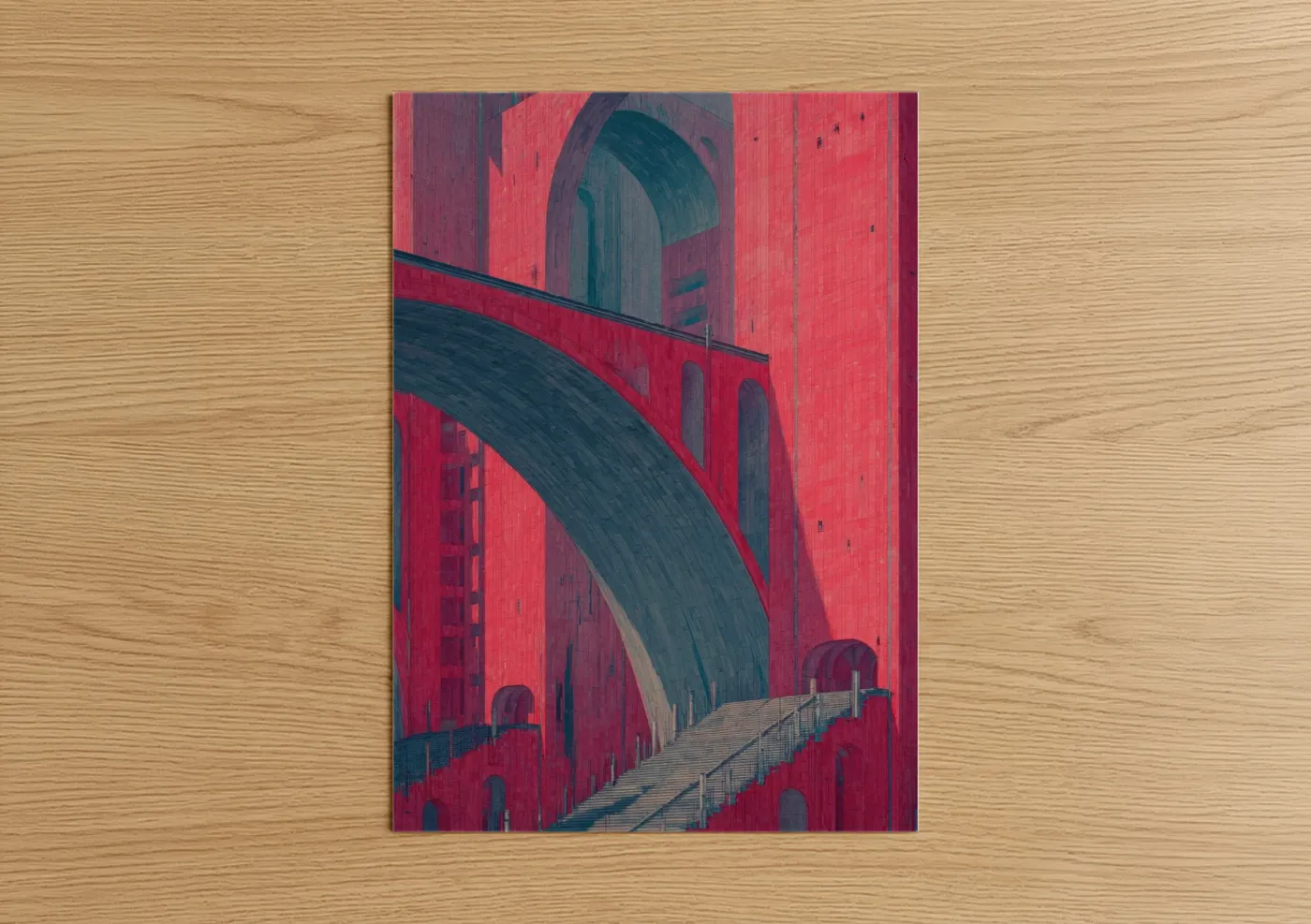 Crimson Archway Bridge Modern Architecture Wall Art
