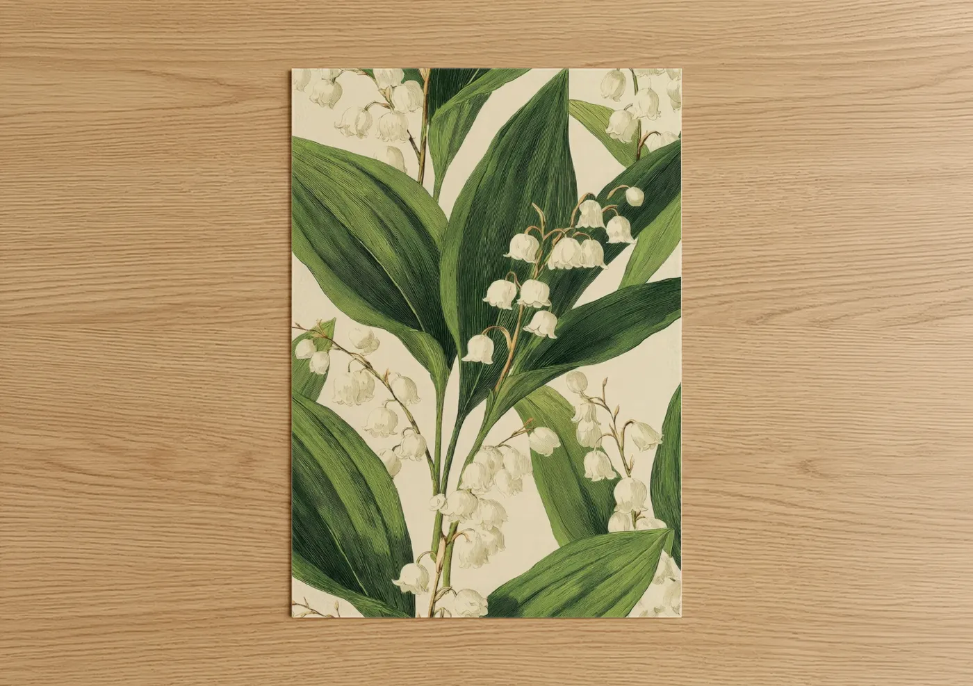 May day art print on warm oak wood — white and light green palette — Lily of the Valley poster