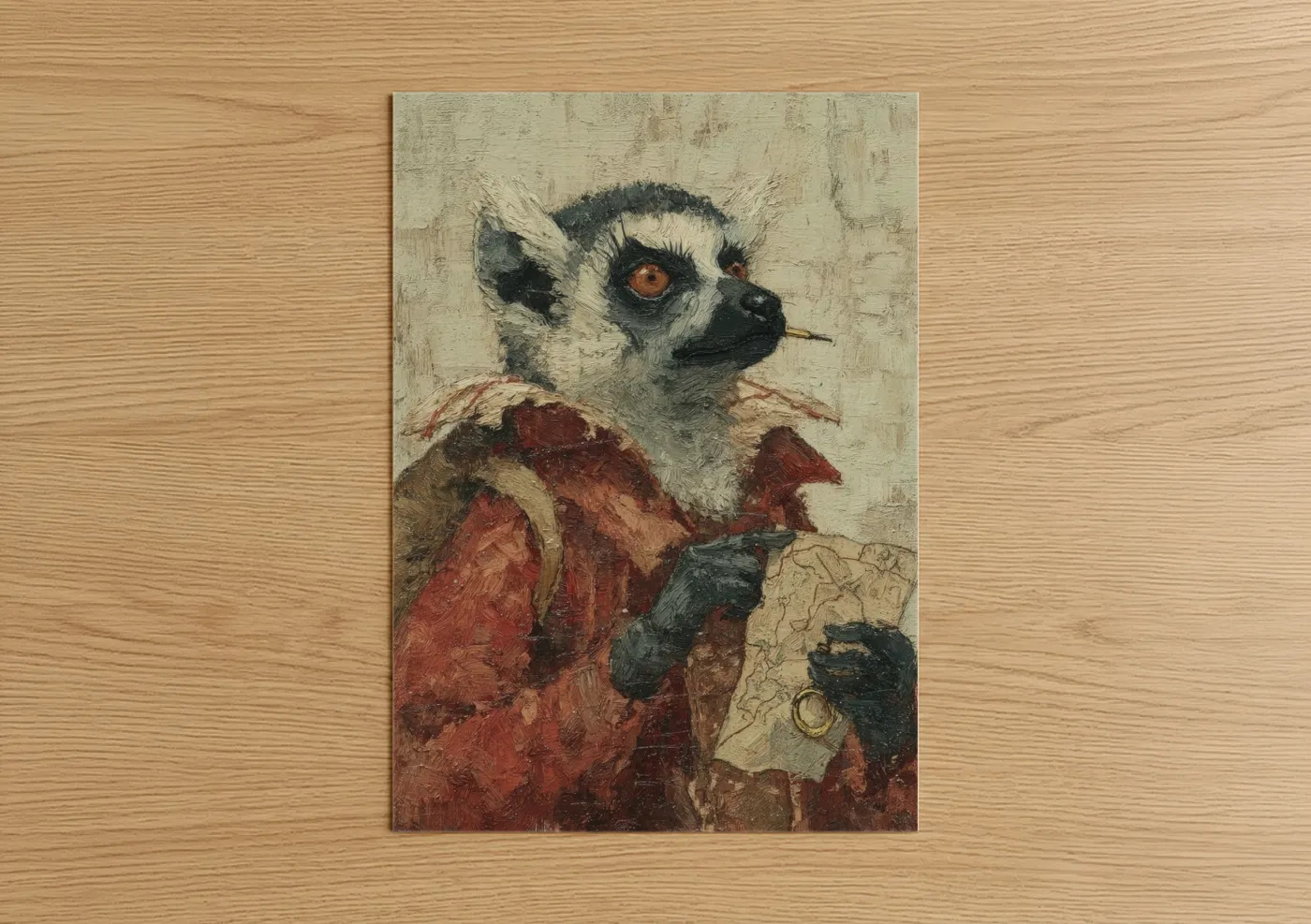 Art print on warm oak wood — cream and russet palette — Scholarly Lemur poster