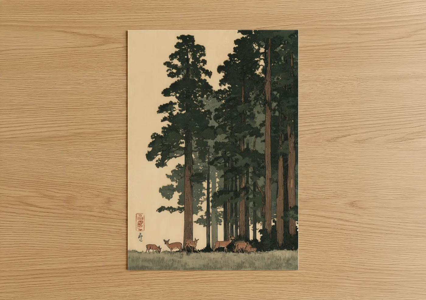 Redwood tree art print on warm oak wood — cream and dark green palette — Ancient Redwood Grove poster