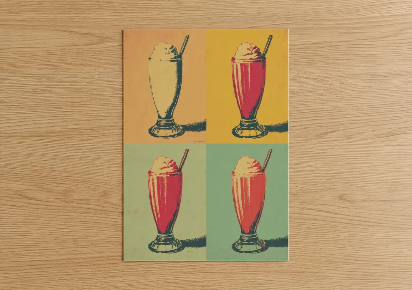Art print on warm oak wood — yellow gold and pink palette — Pop Art Milkshake poster
