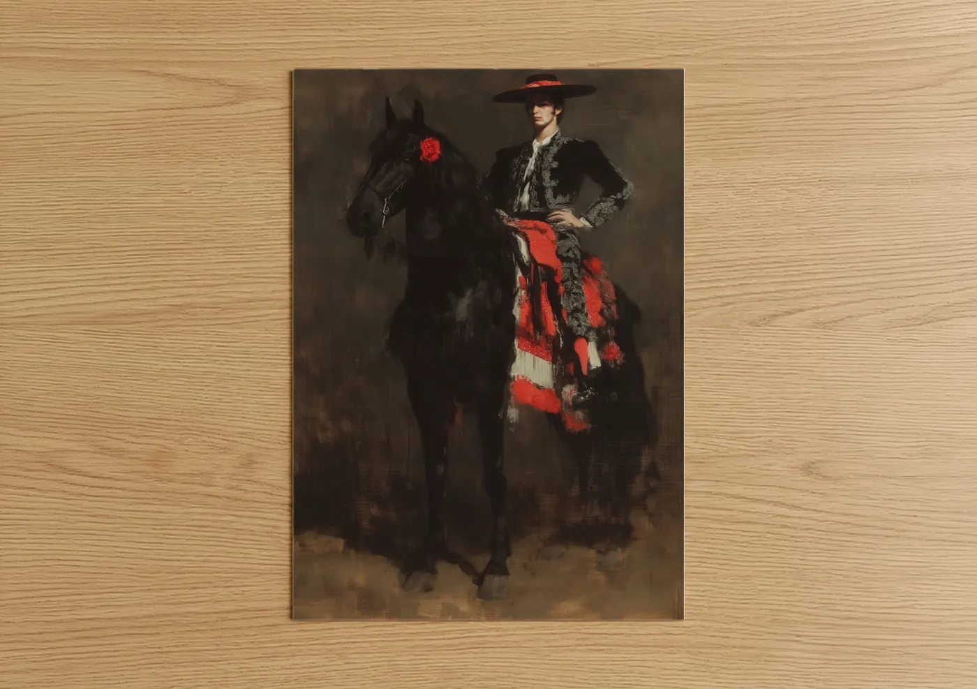 Andalusian horse art print on warm oak wood — black and red and maroon palette — Flamenco Andalusian poster