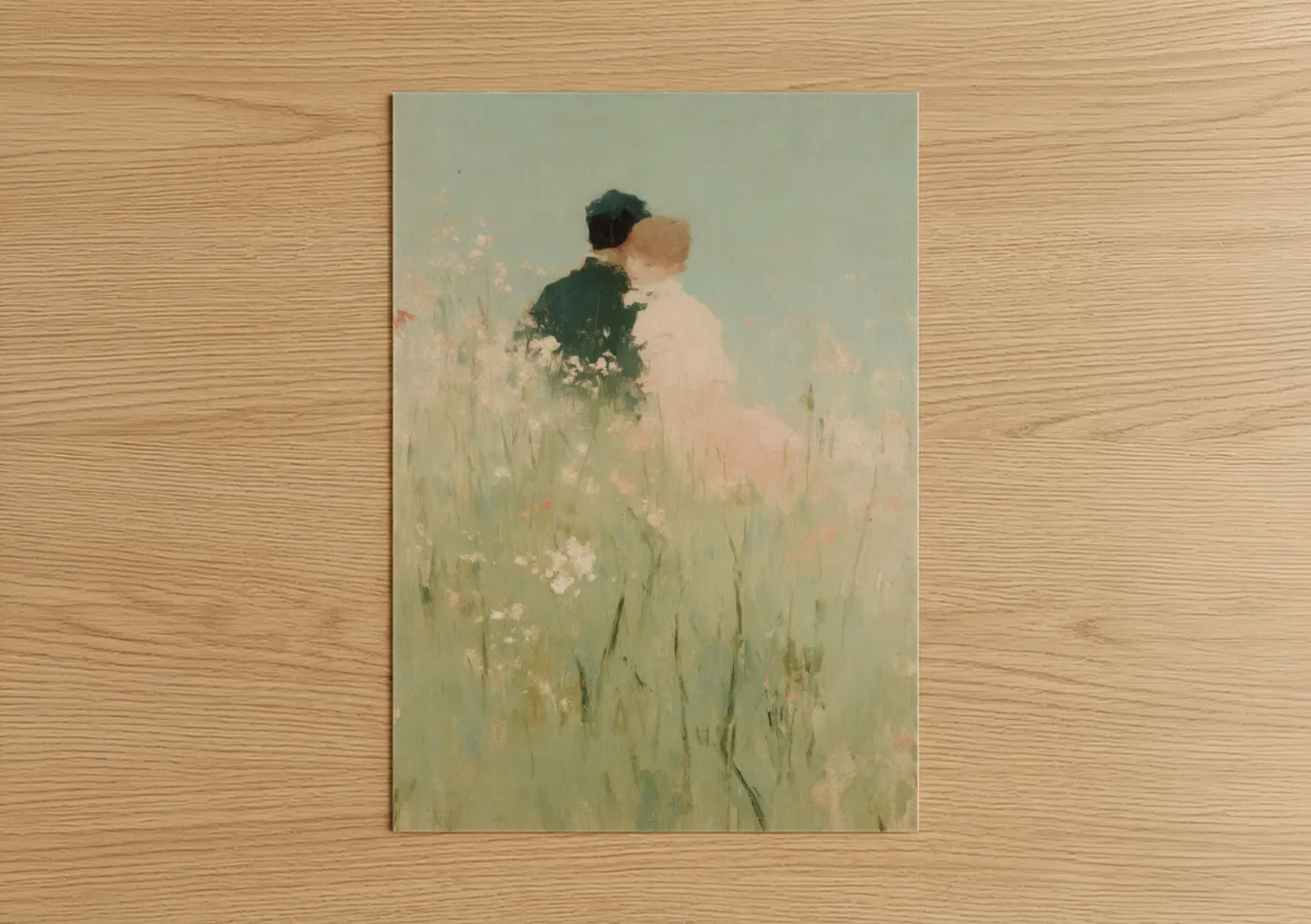 Couple art print on warm oak wood — cream and light green palette — Meadow Romance poster