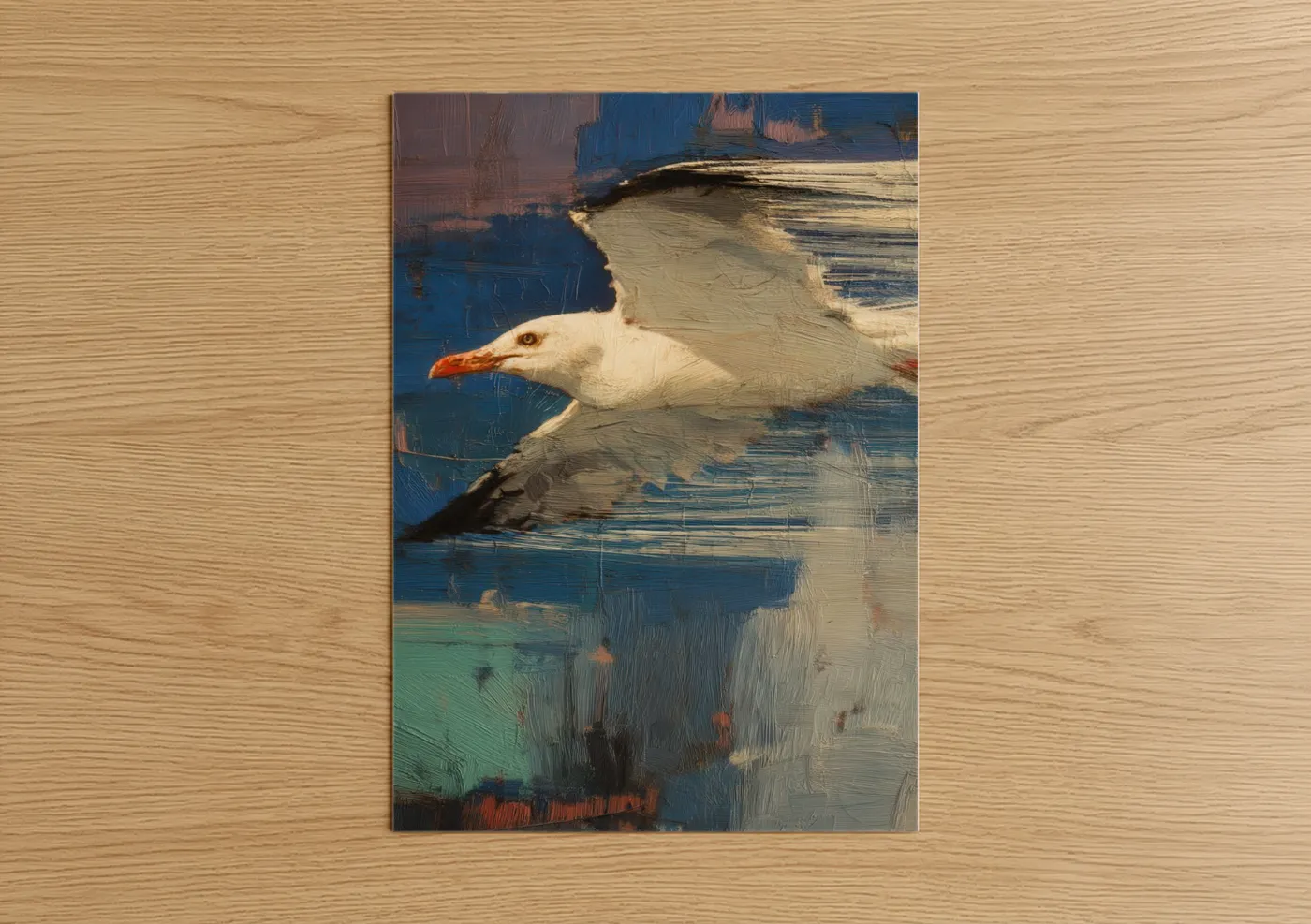 Art print on warm oak wood — blue and white and gold and white palette — Coastal Seagull poster