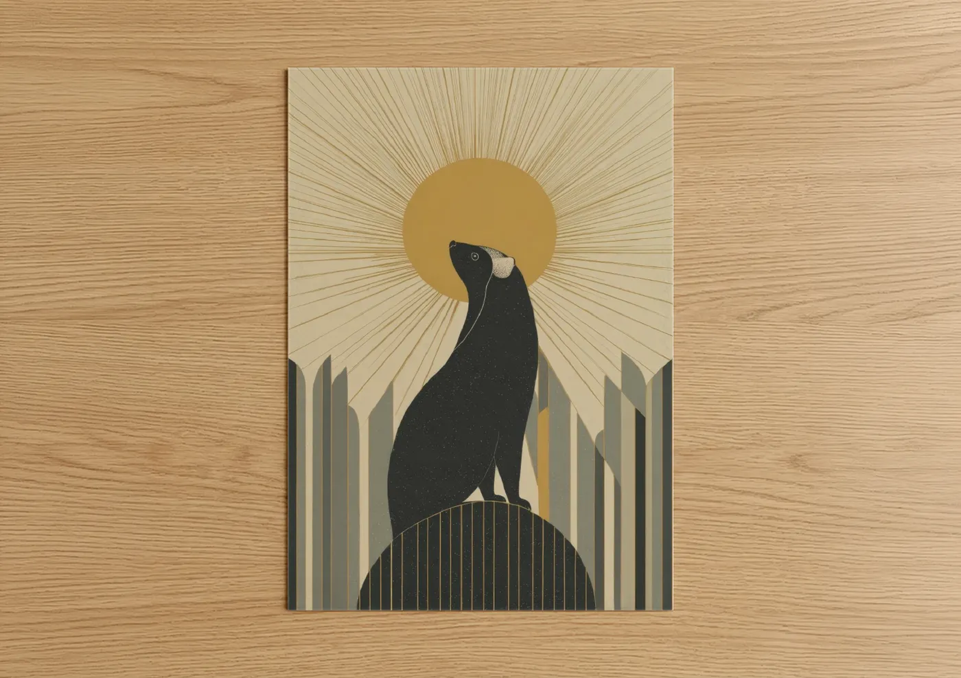 Art print on warm oak wood — gold and cream palette — Celestial Raccoon poster