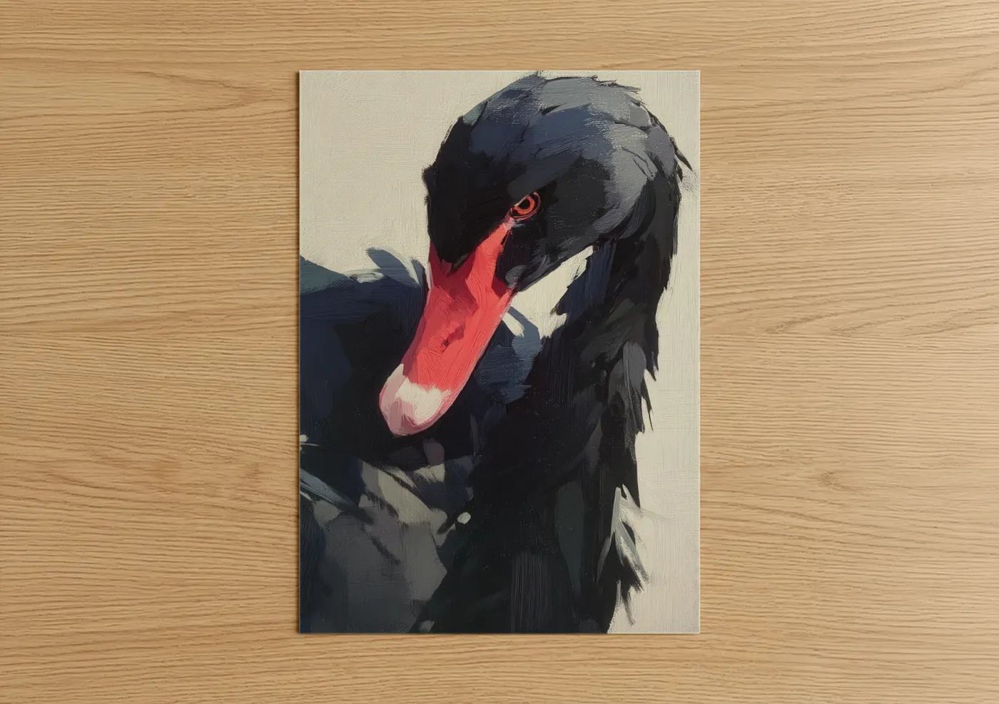 Art print on warm oak wood — black and white and salmon pink palette — Black Swan Portrait poster