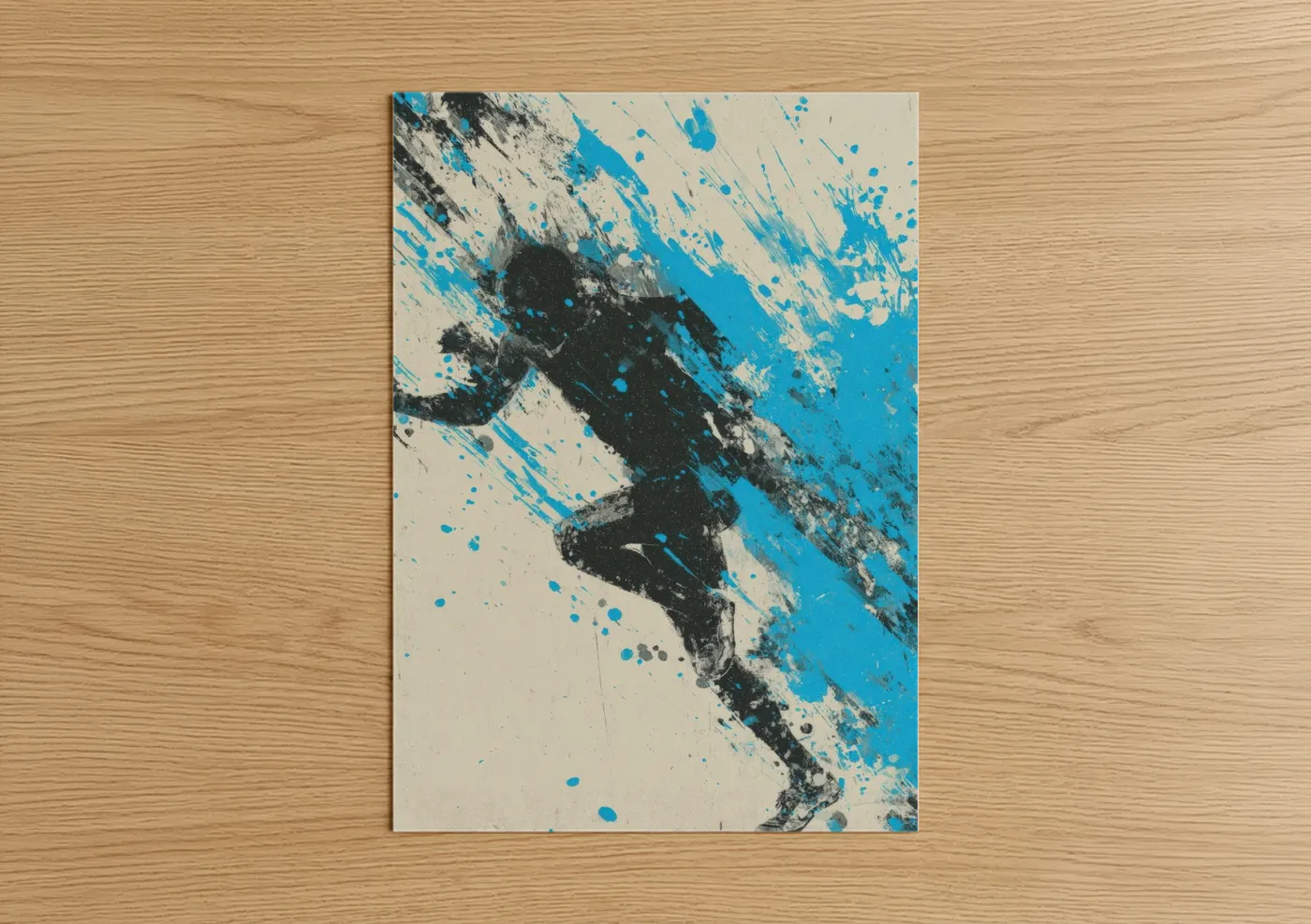 Running art print on warm oak wood — blue and black and white palette — Dynamic Runner poster