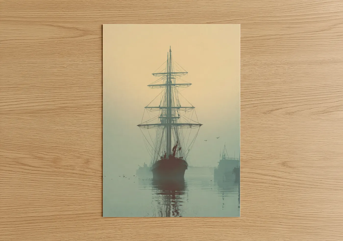 Art print on warm oak wood — cream and sage green palette — Misty Sailing Ship poster