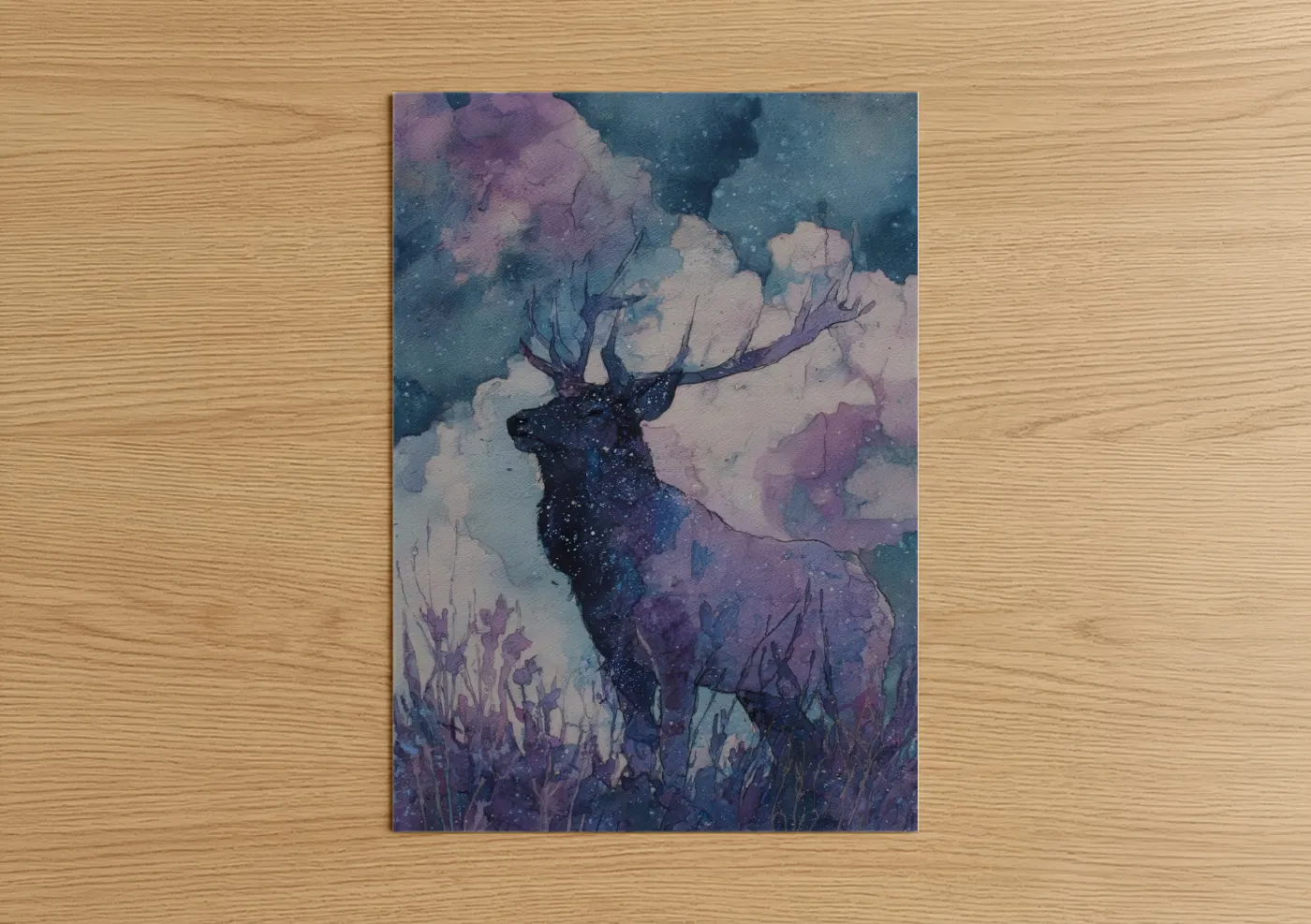 Celestial Elk Watercolor Night Sky Wall Art