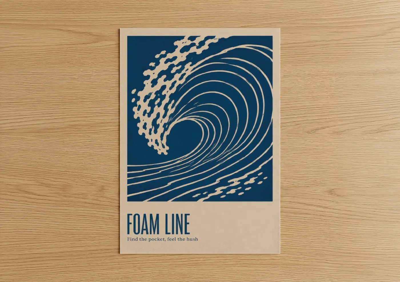 Seascapes and ocean art print on warm oak wood — blue and cream palette — Ocean Wave Line Art Wall Art poster