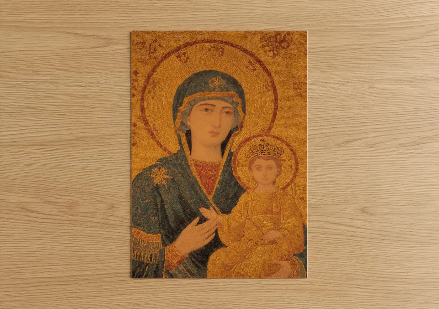 Hagia sofia art print on warm oak wood — gold and dark blue palette — Virgin Mary Icon poster