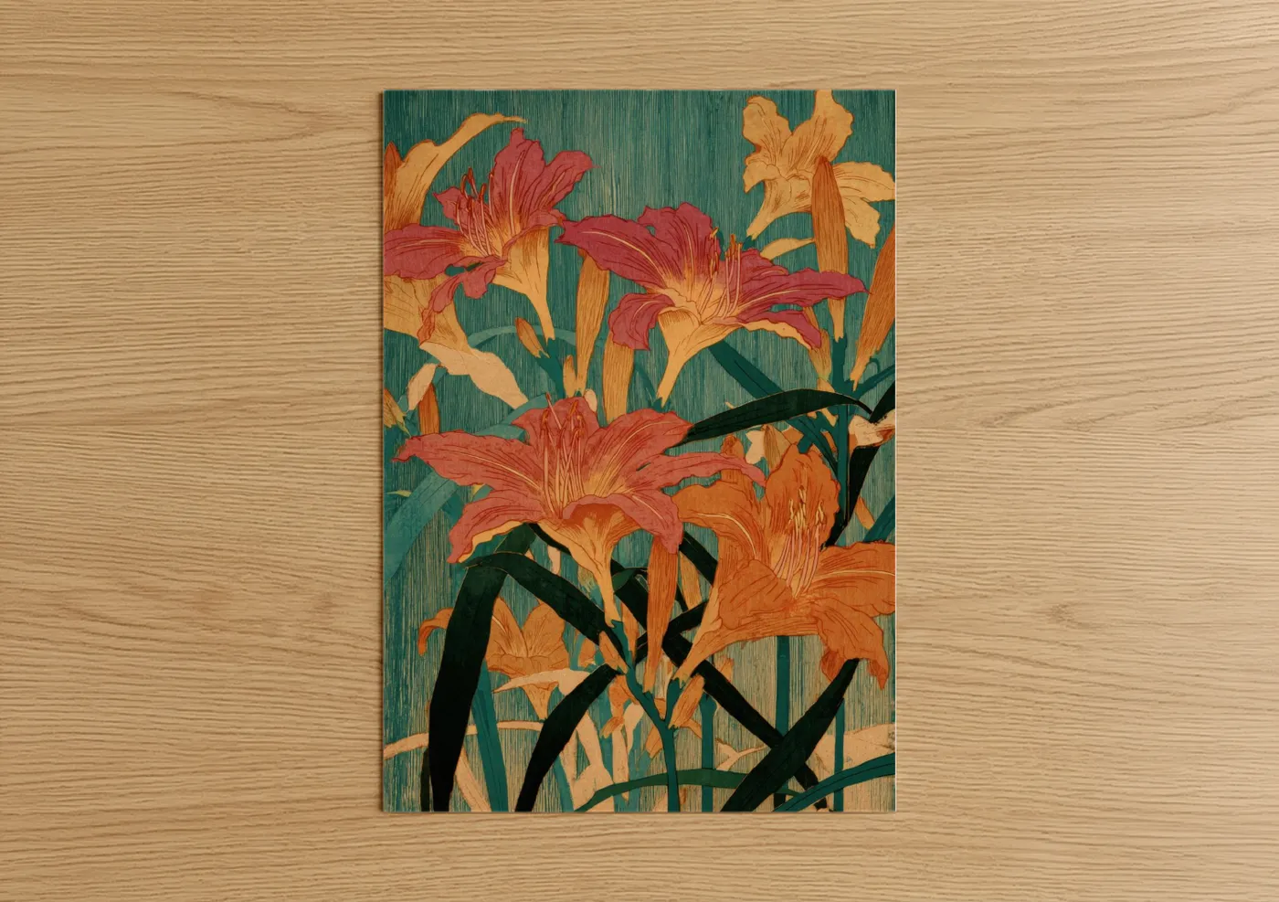 Art print on warm oak wood — red and gold palette — Scarlet Amarillys poster