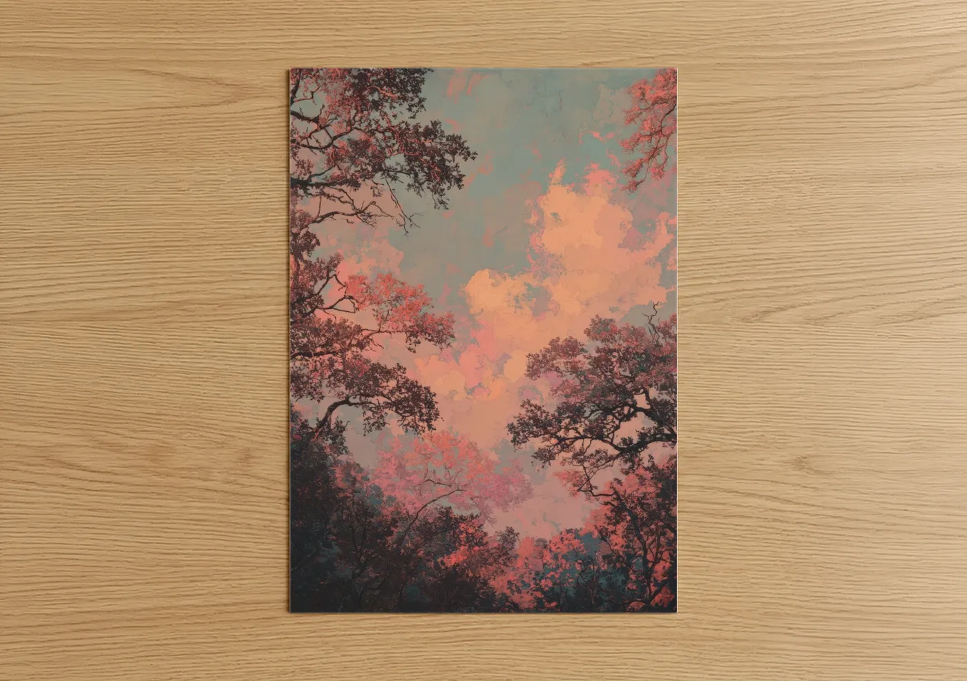 Art print on warm oak wood — salmon pink and dove gray palette — Coral Oak Forest poster