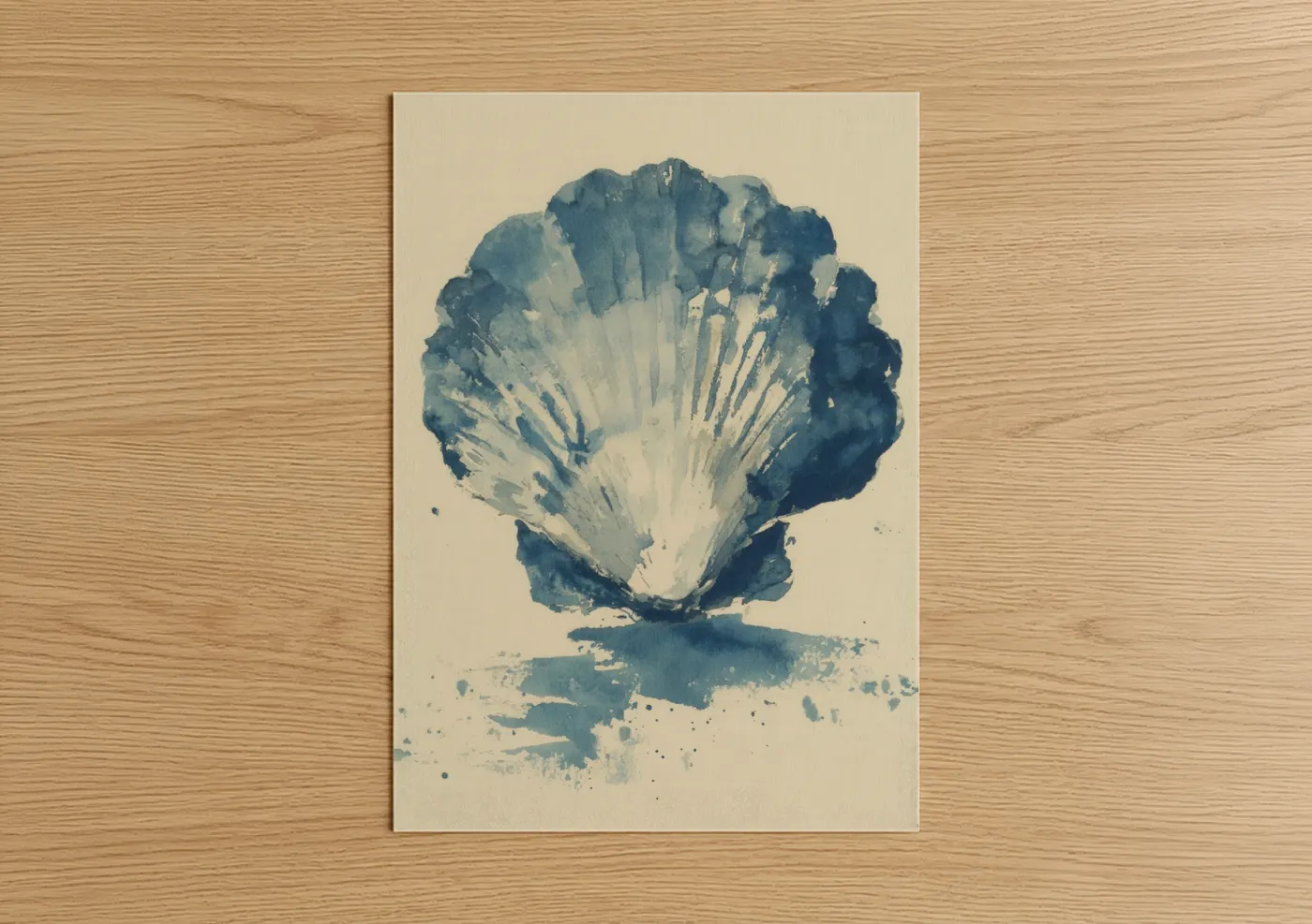 Art print on warm oak wood — blue and cream palette — Indigo Oyster poster