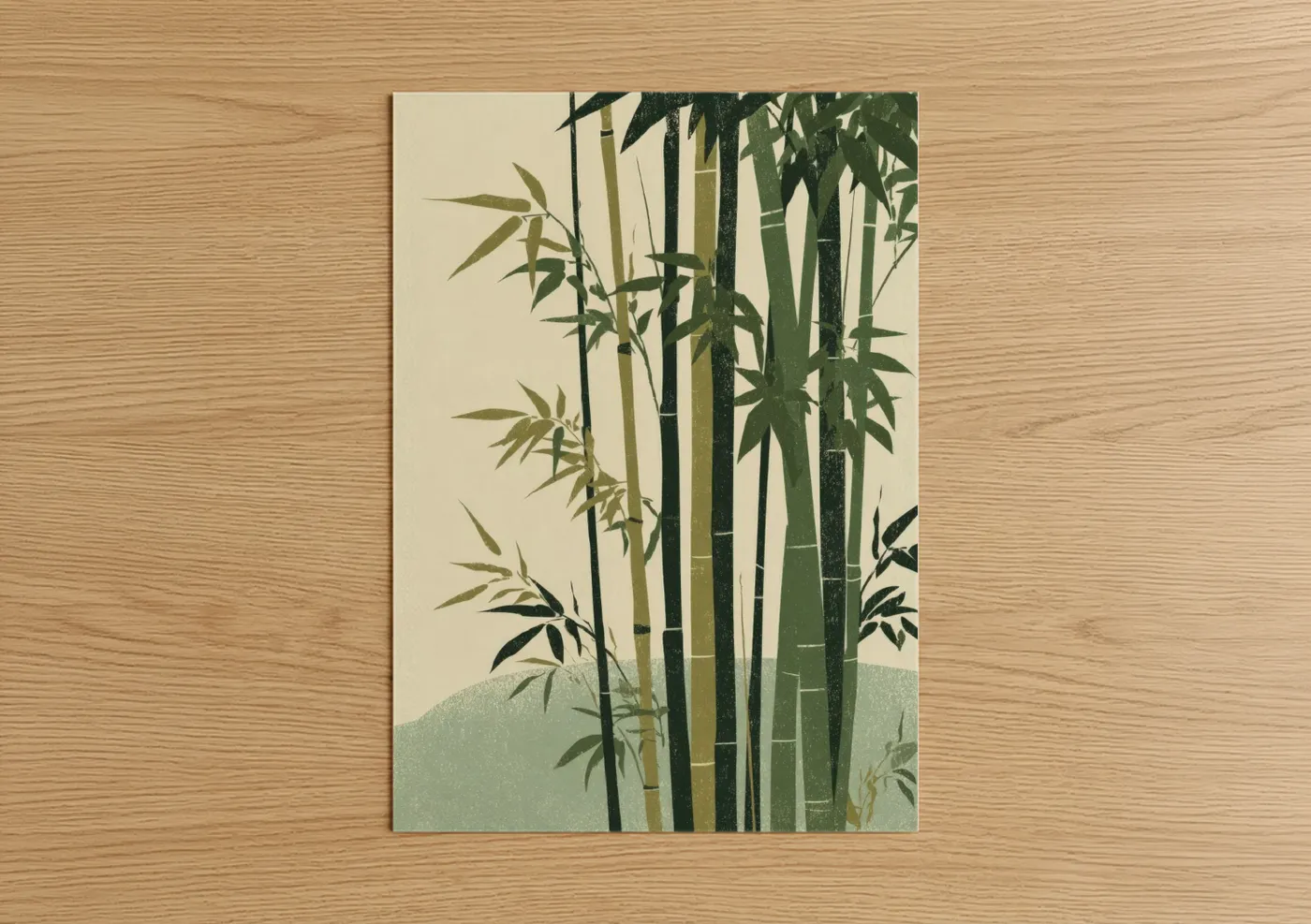 Art print on warm oak wood — cream and light green palette — Serene Bamboo Grove poster
