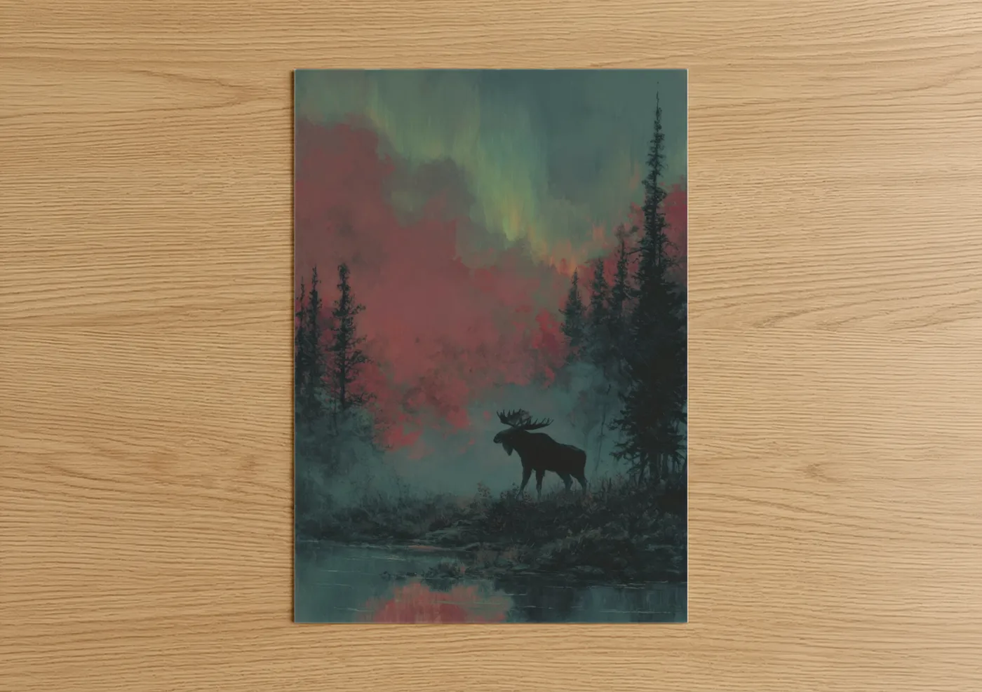 Art print on warm oak wood — teal and rose gold palette — Aurora Moose poster