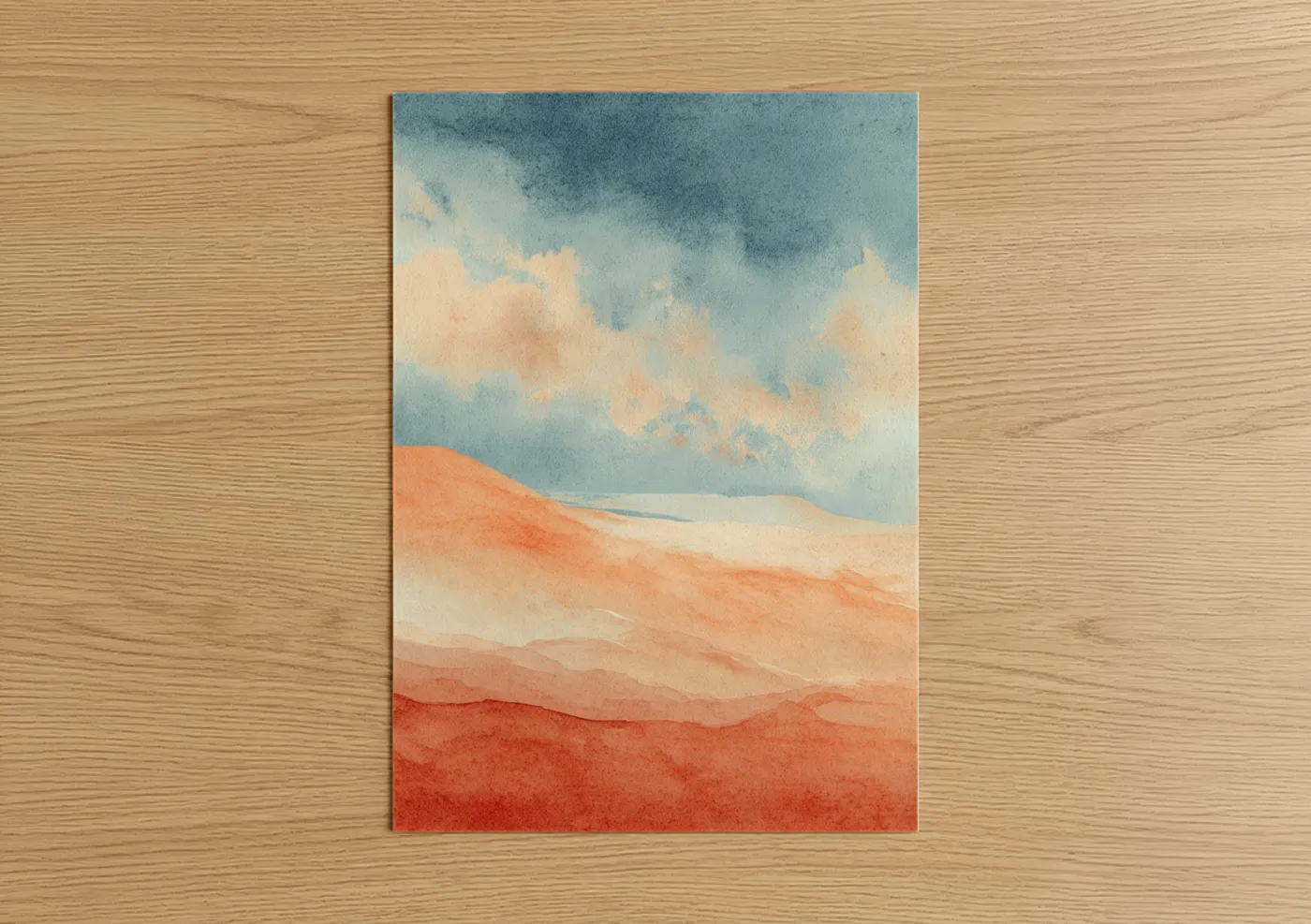 Dune art print on warm oak wood — blue and orange palette — Desert Horizon poster