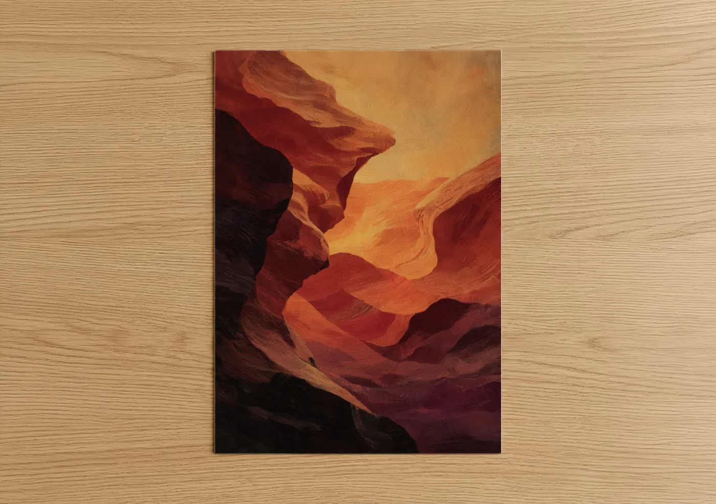 Natural stones art print on warm oak wood — red and orange palette — Crimson Canyon poster