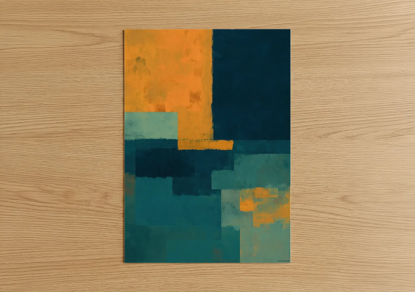 Abstract geometric art print on warm oak wood — gold and teal palette — Golden Teal Geometry poster