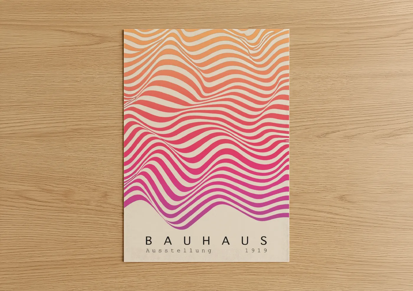 Abstract geometric art print on warm oak wood — peach and magenta palette — Chromatic Waves poster