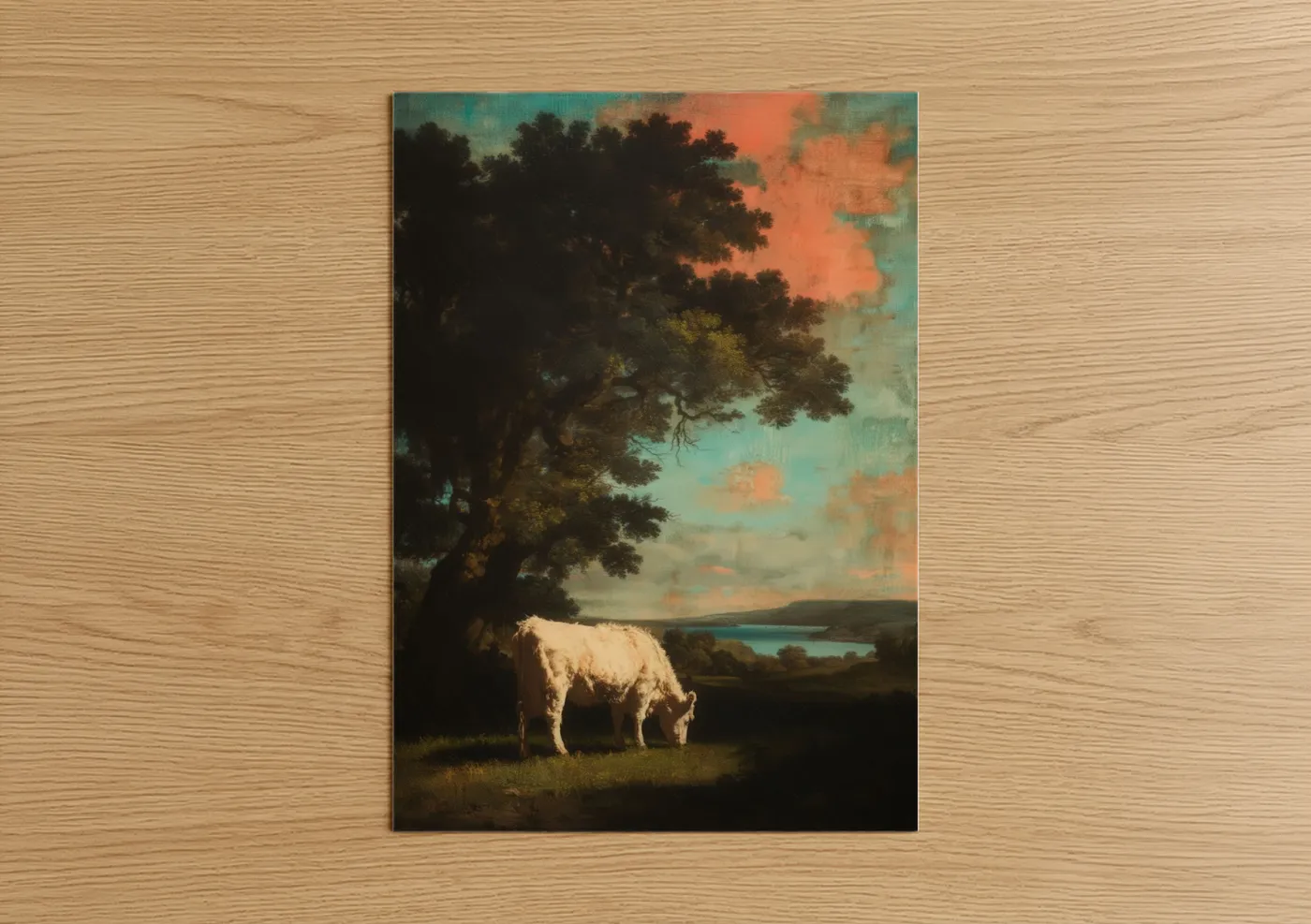Hereford cow art print on warm oak wood — teal and gold palette — Pastoral Hereford poster