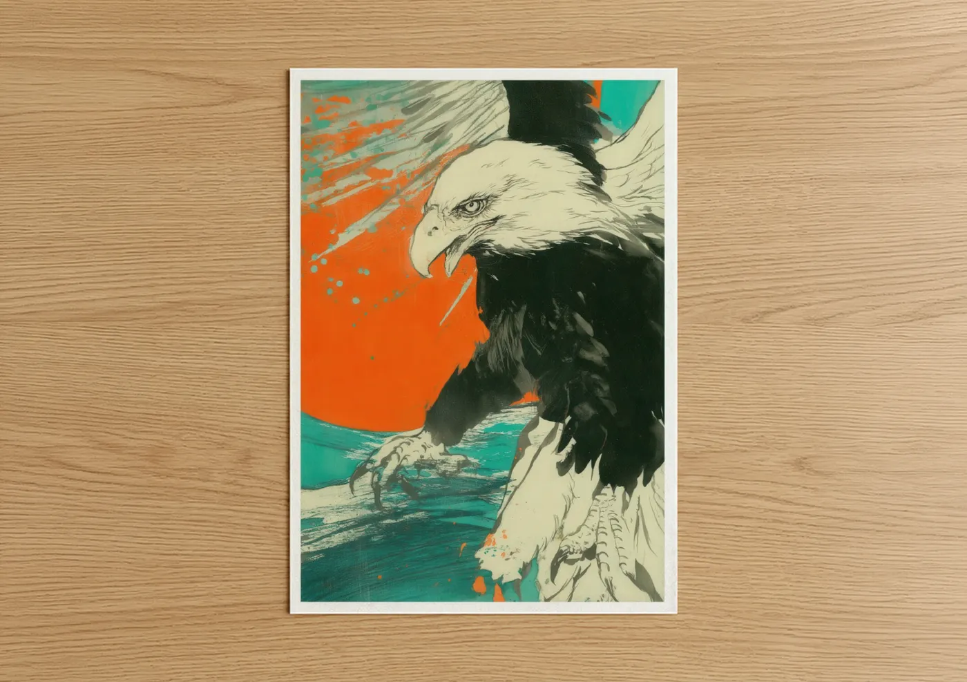 Art print on warm oak wood — orange and teal palette — Soaring Eagle poster