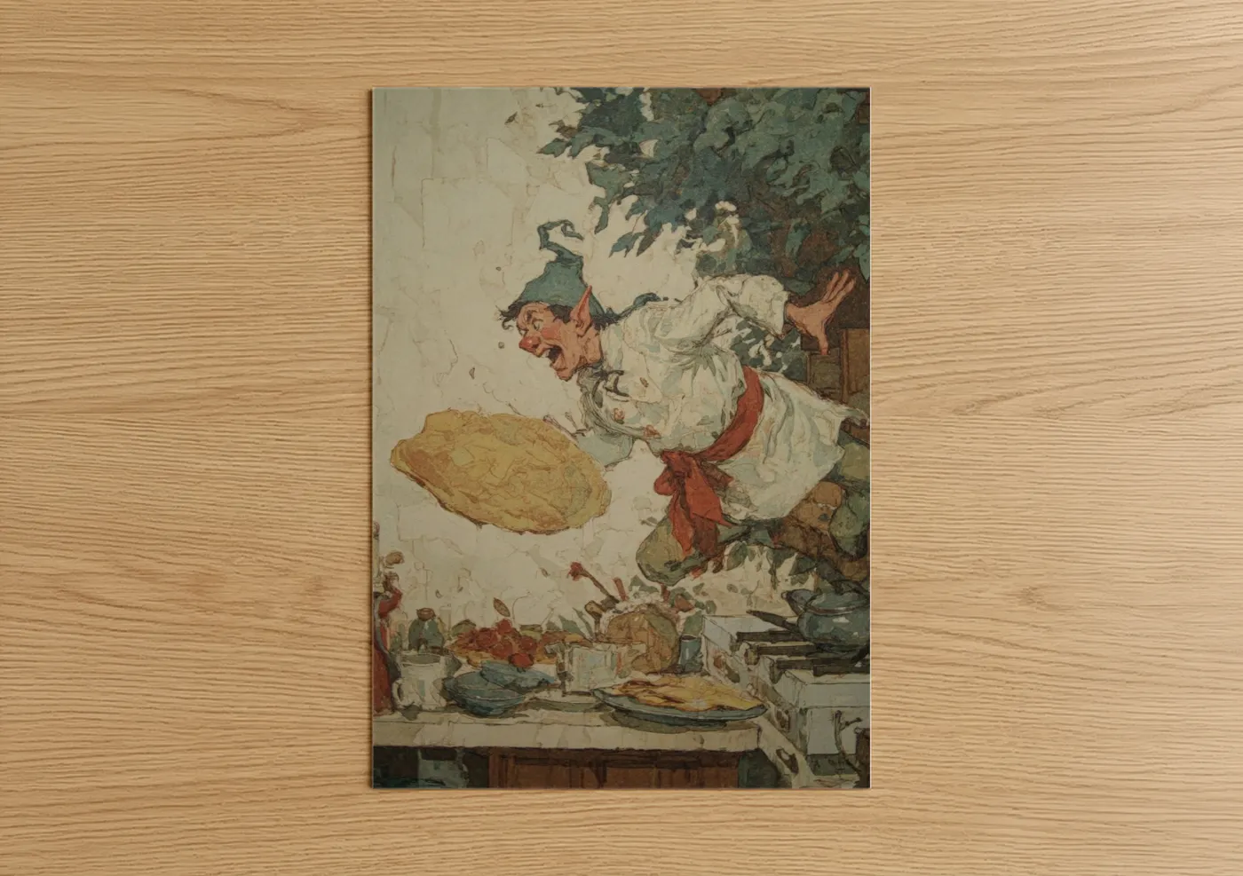 Art print on warm oak wood — cream and olive palette — Mischievous Kitchen Elf poster