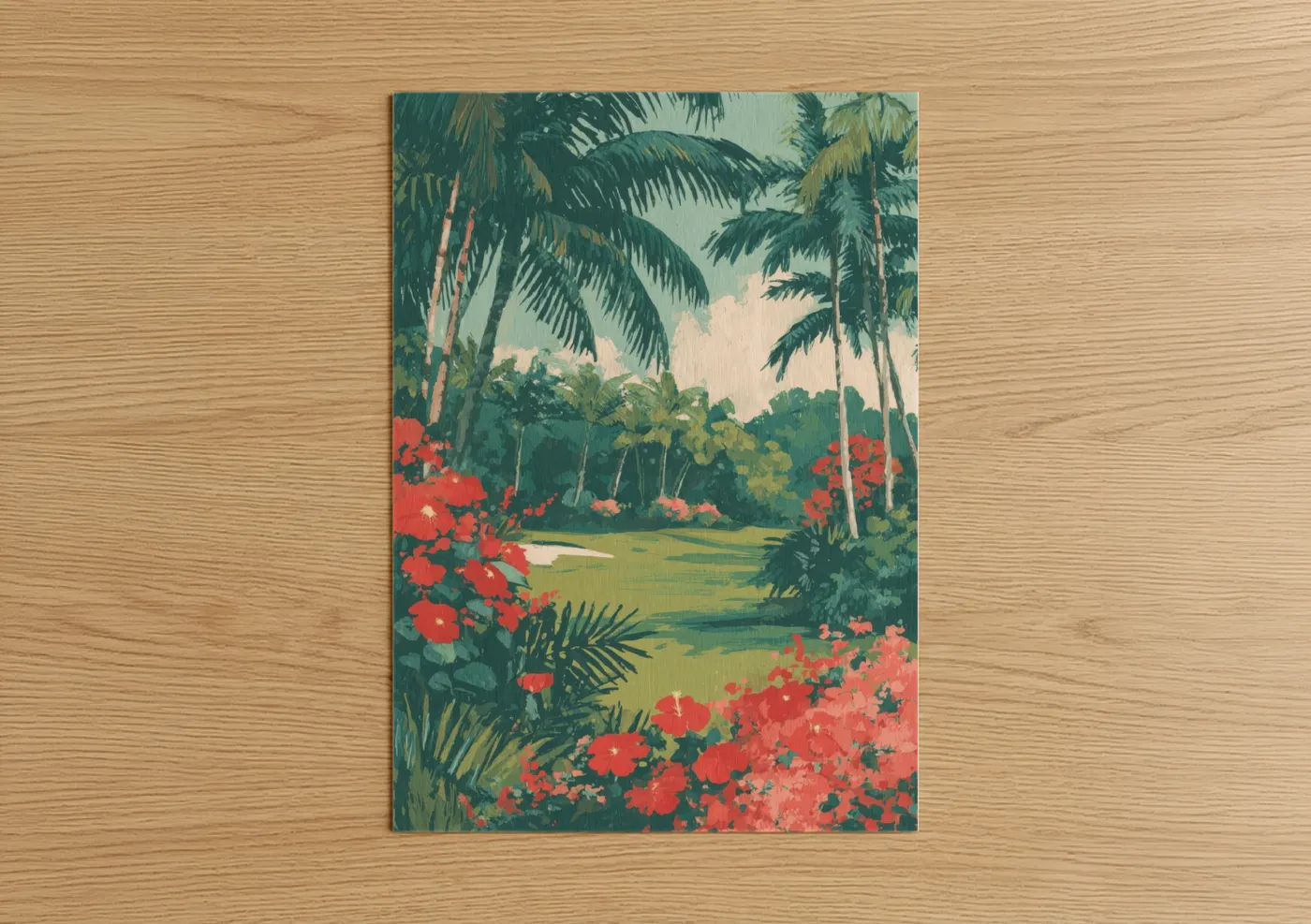 Art print on warm oak wood — teal and red palette — Tropical Golf Paradise poster