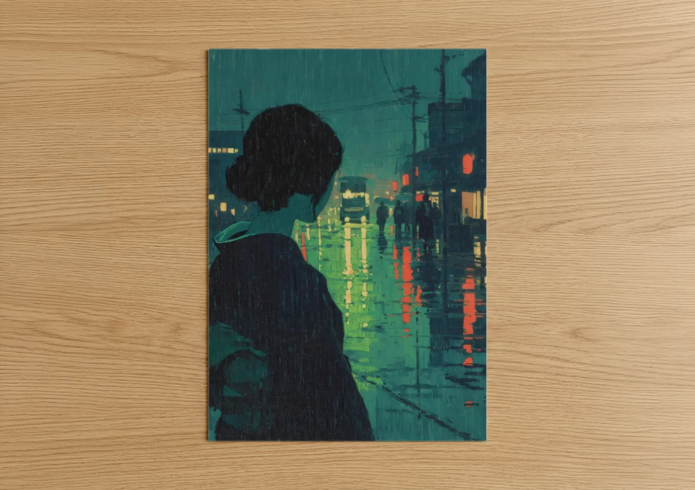 Woman with Dark Hair Rainy City Scene Wall Art