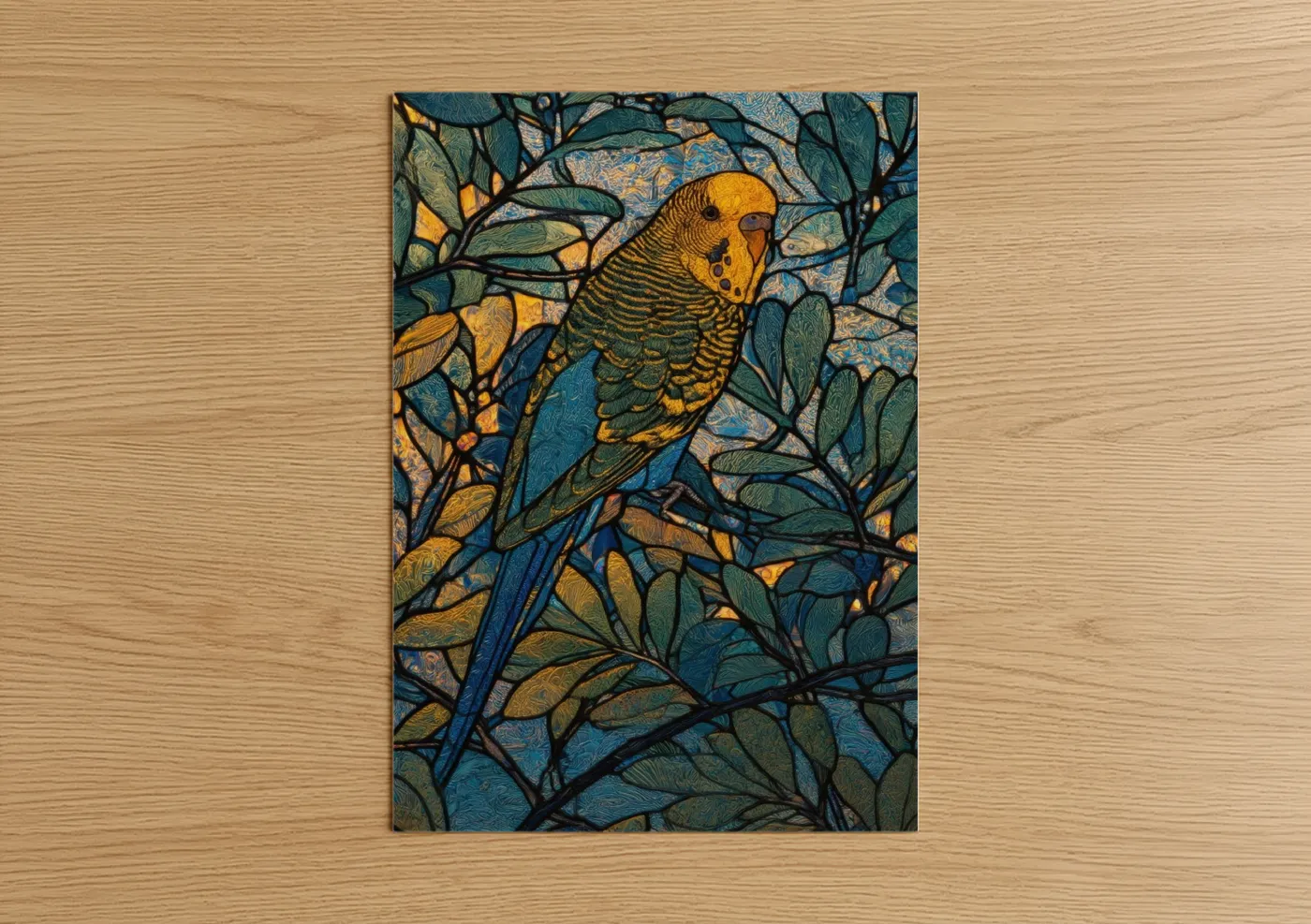 Budgeridar art print on warm oak wood — gold and teal palette — Golden Budgerigar poster
