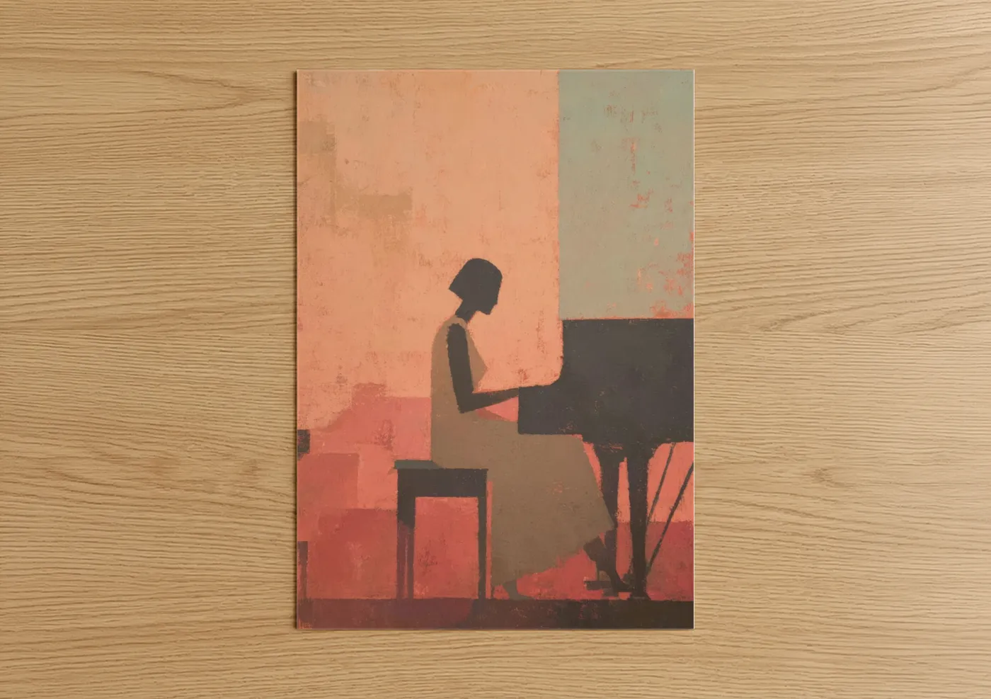 Piano art print on warm oak wood — peach and black palette — Silhouette Pianist poster
