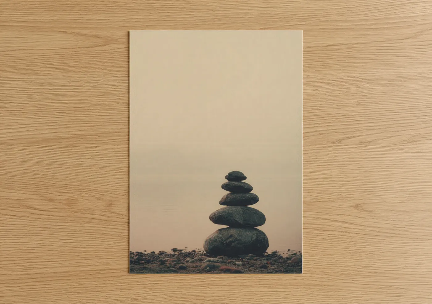 Natural stones art print on warm oak wood — beige and gray palette — Balanced Stones poster