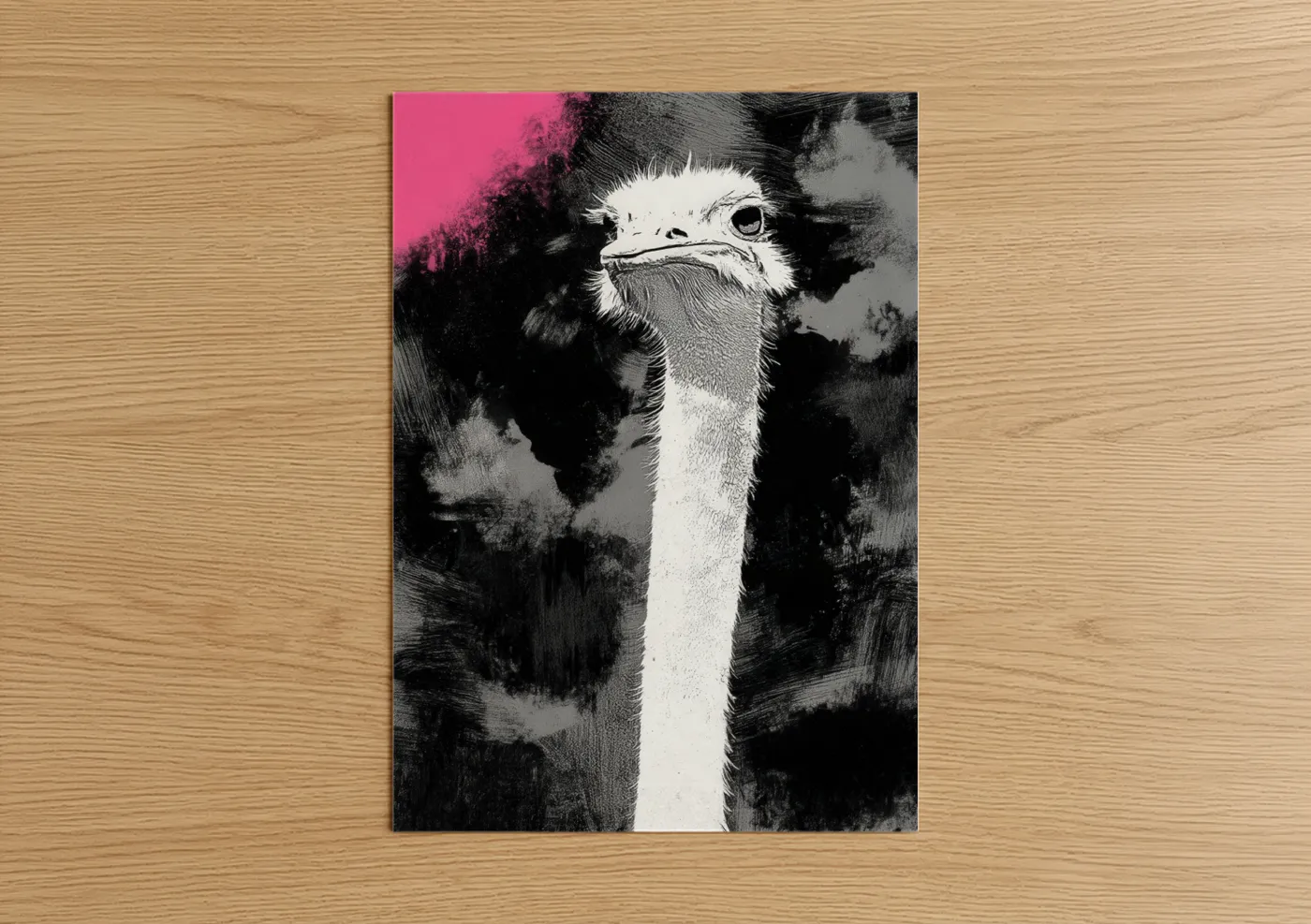 Art print on warm oak wood — magenta and black and white palette — Pink Ostrich poster