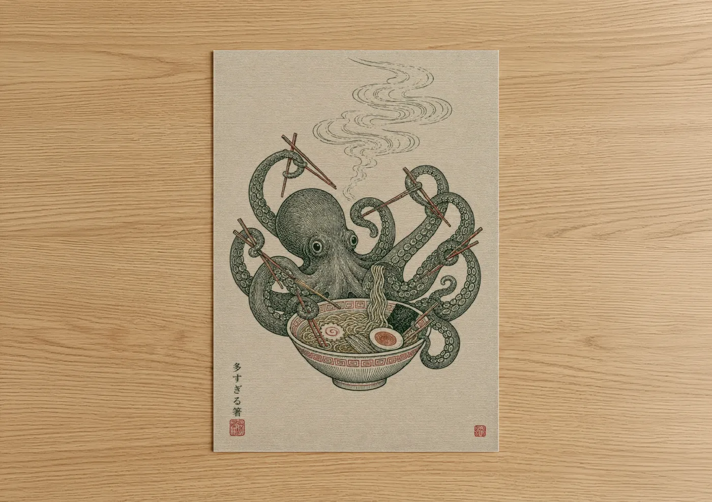 Art print on warm oak wood — beige and olive palette — Japanese Octopus Ramen Bowl Wall Art poster