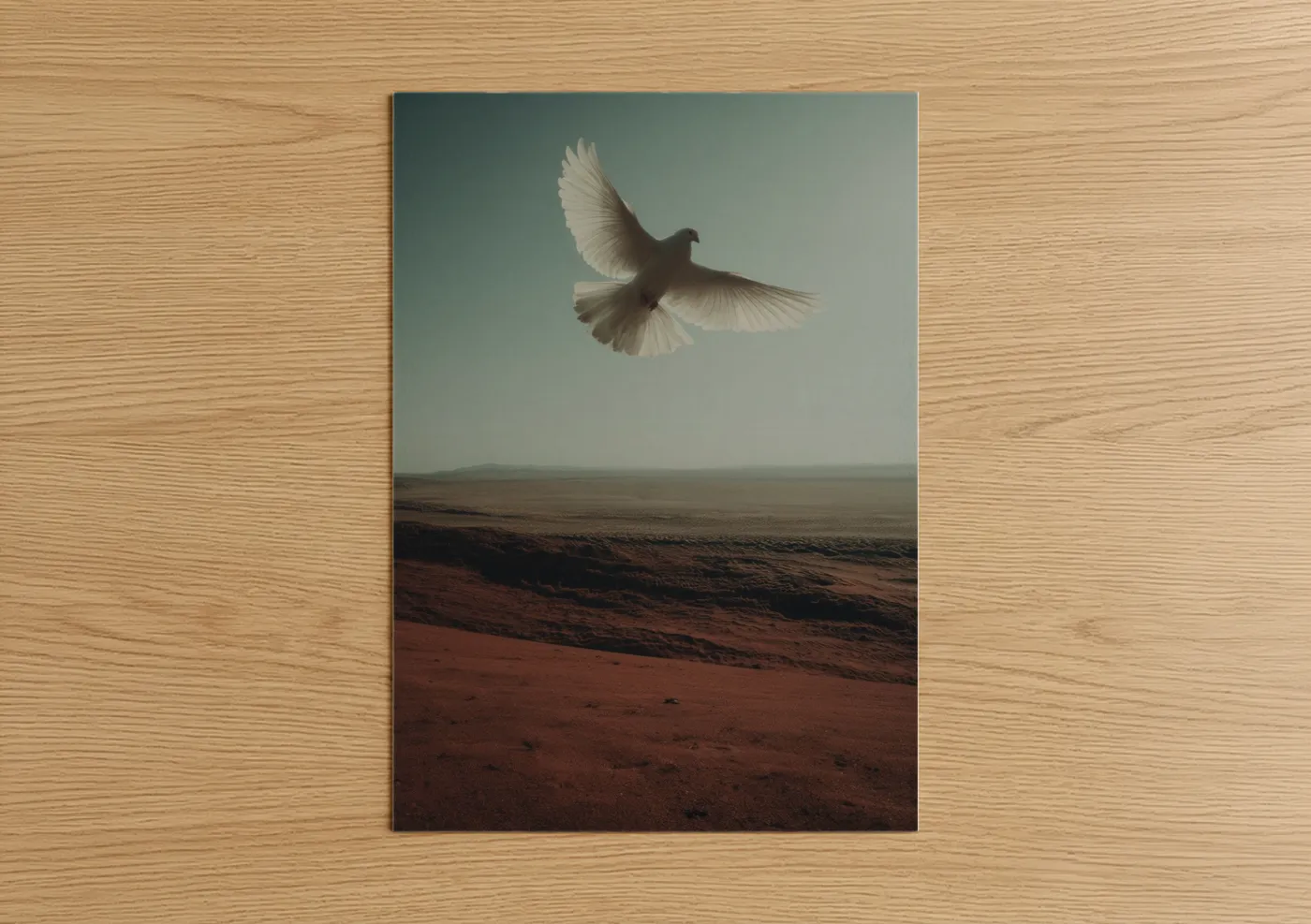 Art print on warm oak wood — sage green and russet palette — Dove in Flight poster