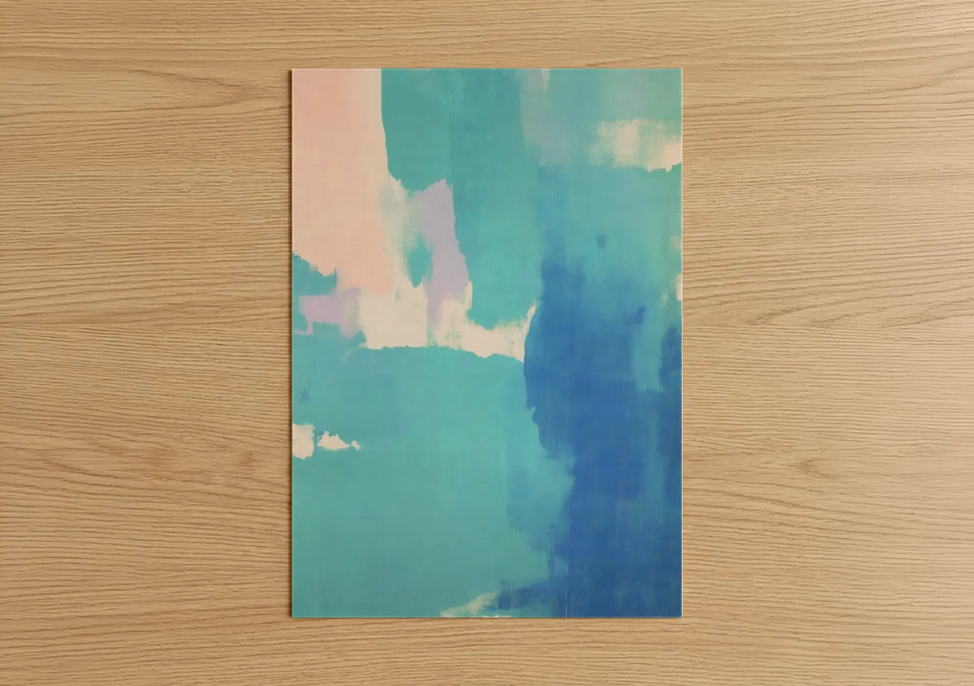 Abstract expressionism art print on warm oak wood — turquoise and blue palette — Serene Abstracts poster