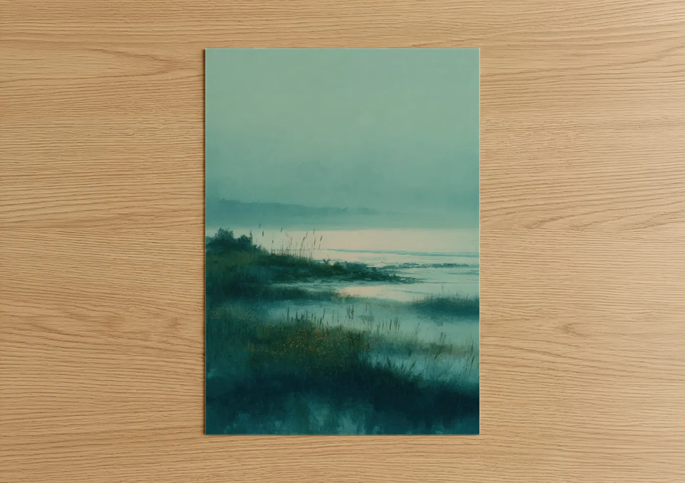 Seascapes and ocean art print on warm oak wood — teal and sage green palette — Misty Coastal Dawn poster