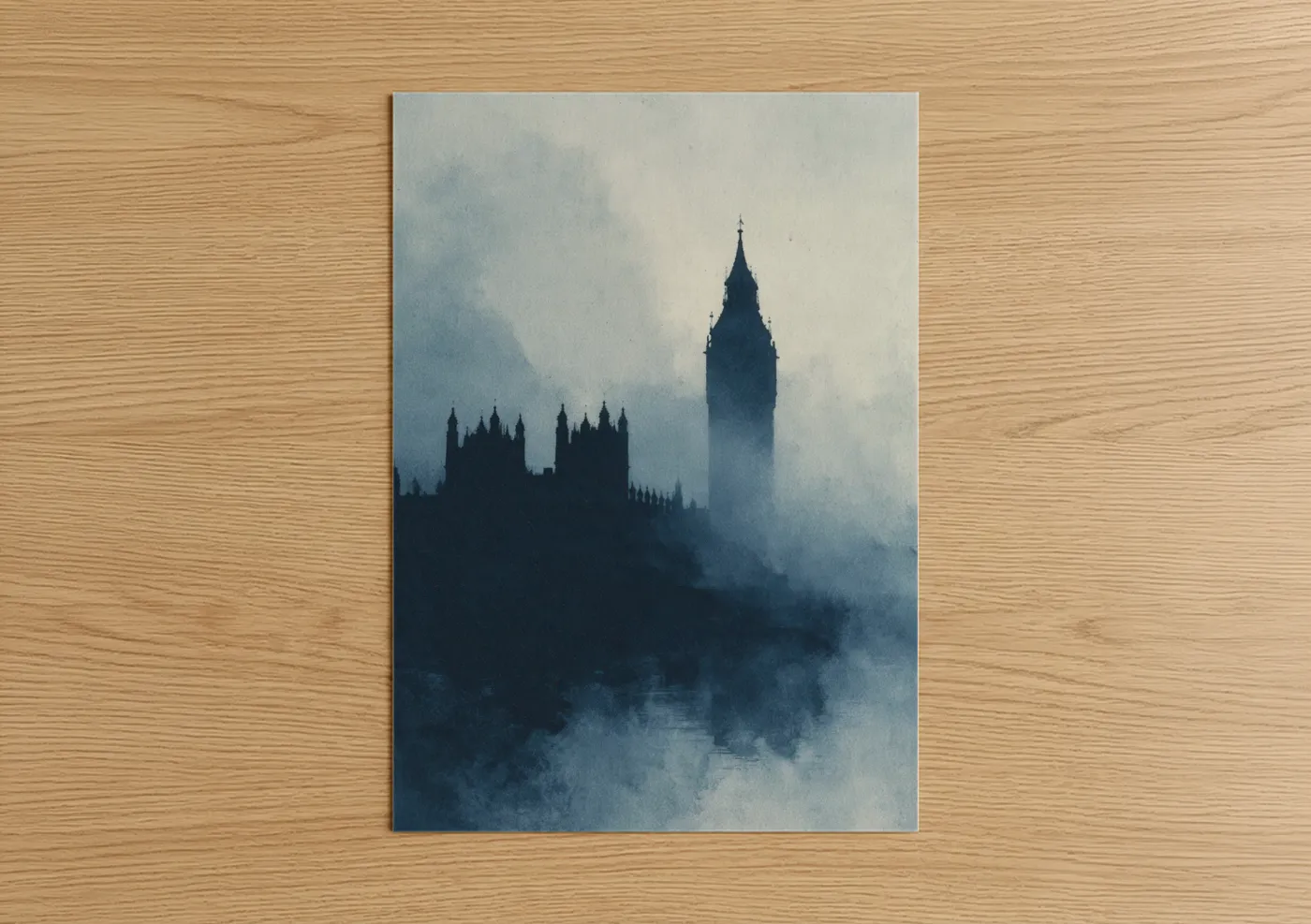 Art print on warm oak wood — blue and white and gray palette — Misty Big Ben poster