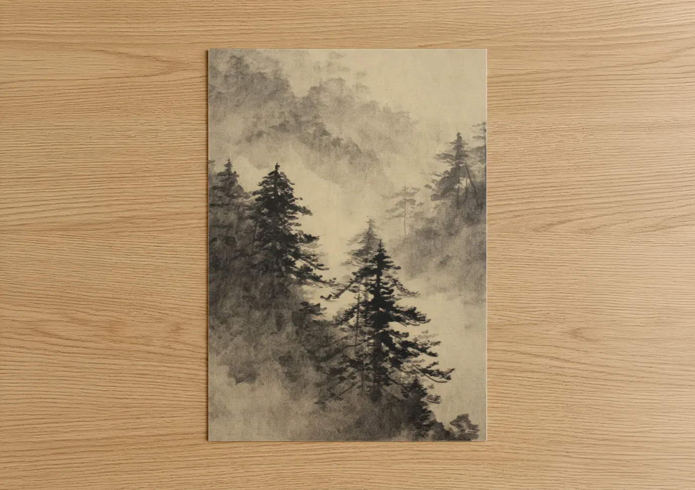 Art print on warm oak wood — black and white and cream palette — Misty Cedar Forest poster