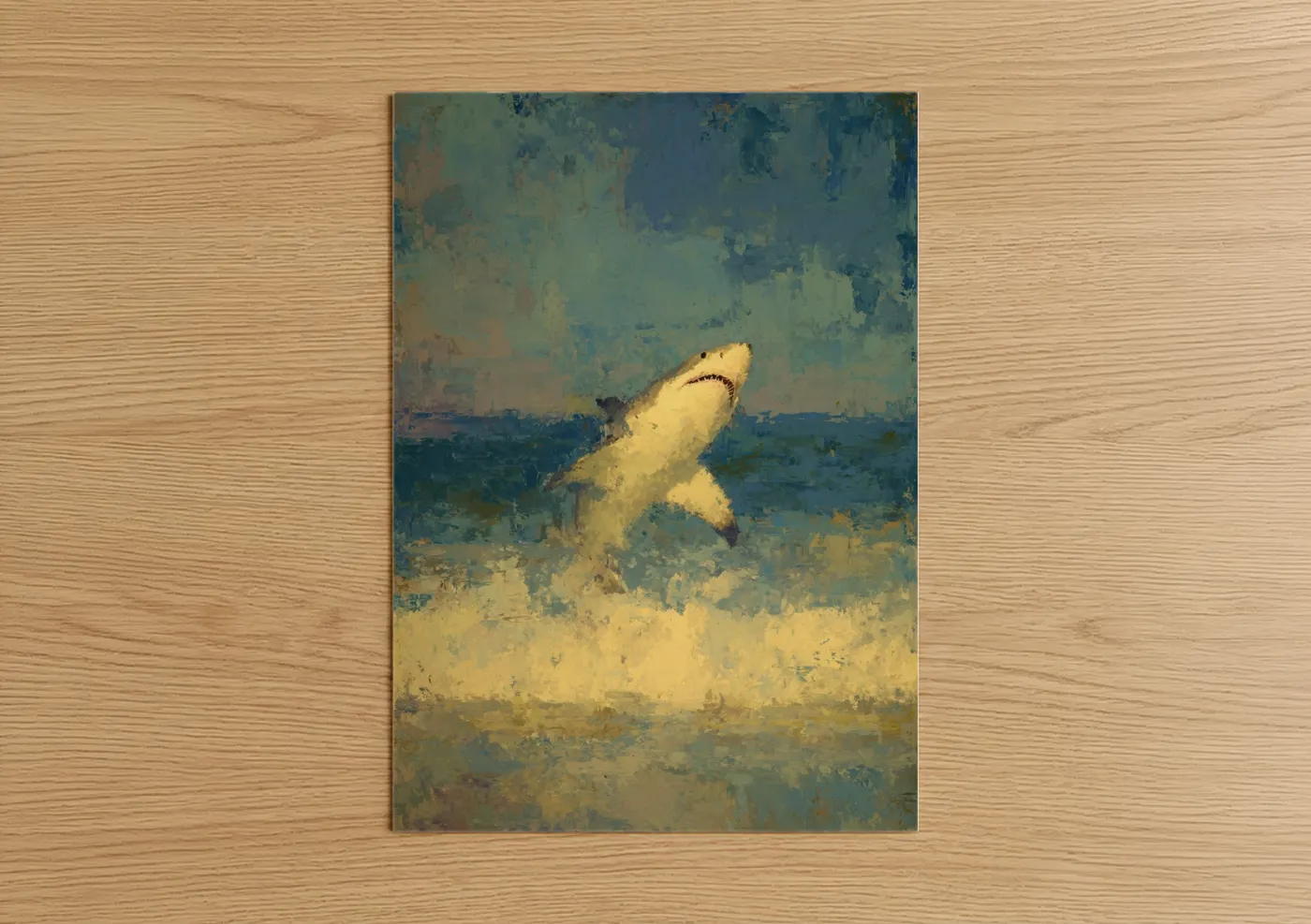 Sand tiger shark art print on warm oak wood — blue and gold palette — Jumping Sand Tiger poster