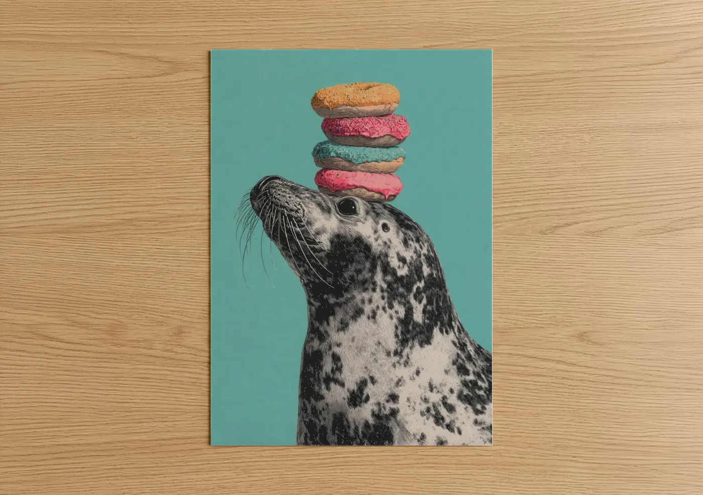 Playful Seal Balancing Colorful Macarons Wall Art