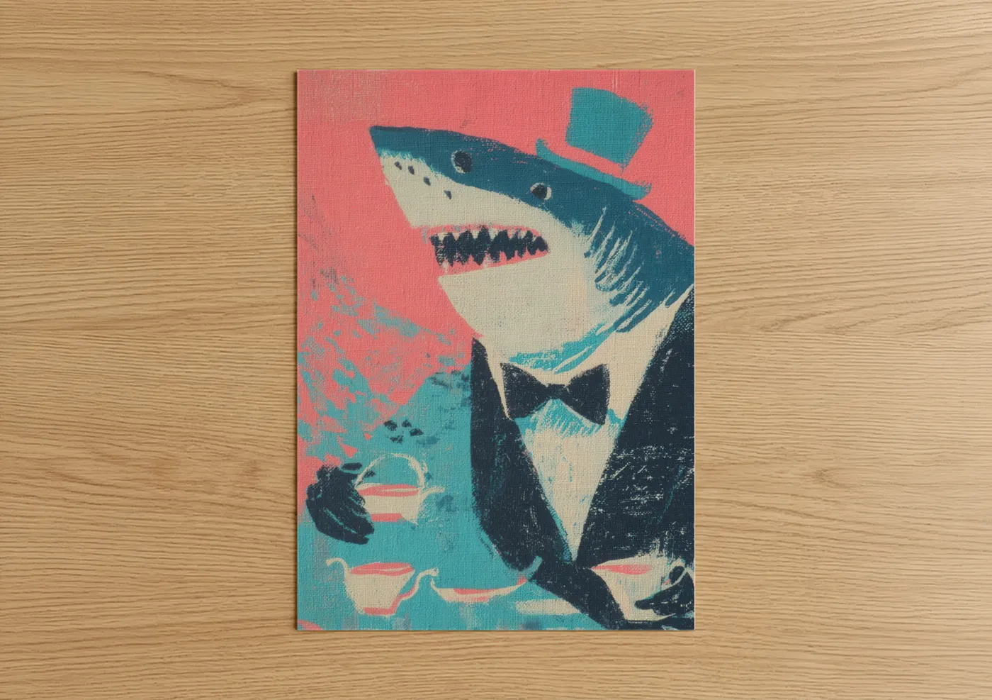 Great white shark art print on warm oak wood — pink and teal palette — Dapper Shark poster