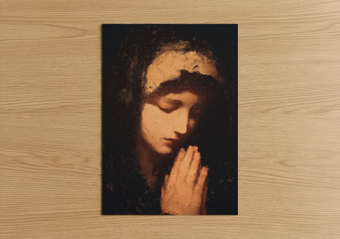 Mary magdalena art print on warm oak wood — gold and black and gold palette — Contemplative Magdalena poster